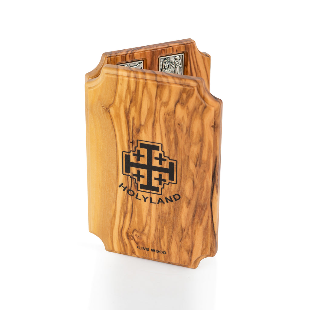 Handcrafted Olive Wood Stations of the Cross Triptych – 14 Stations with Risen Christ Central Panel from Bethlehem