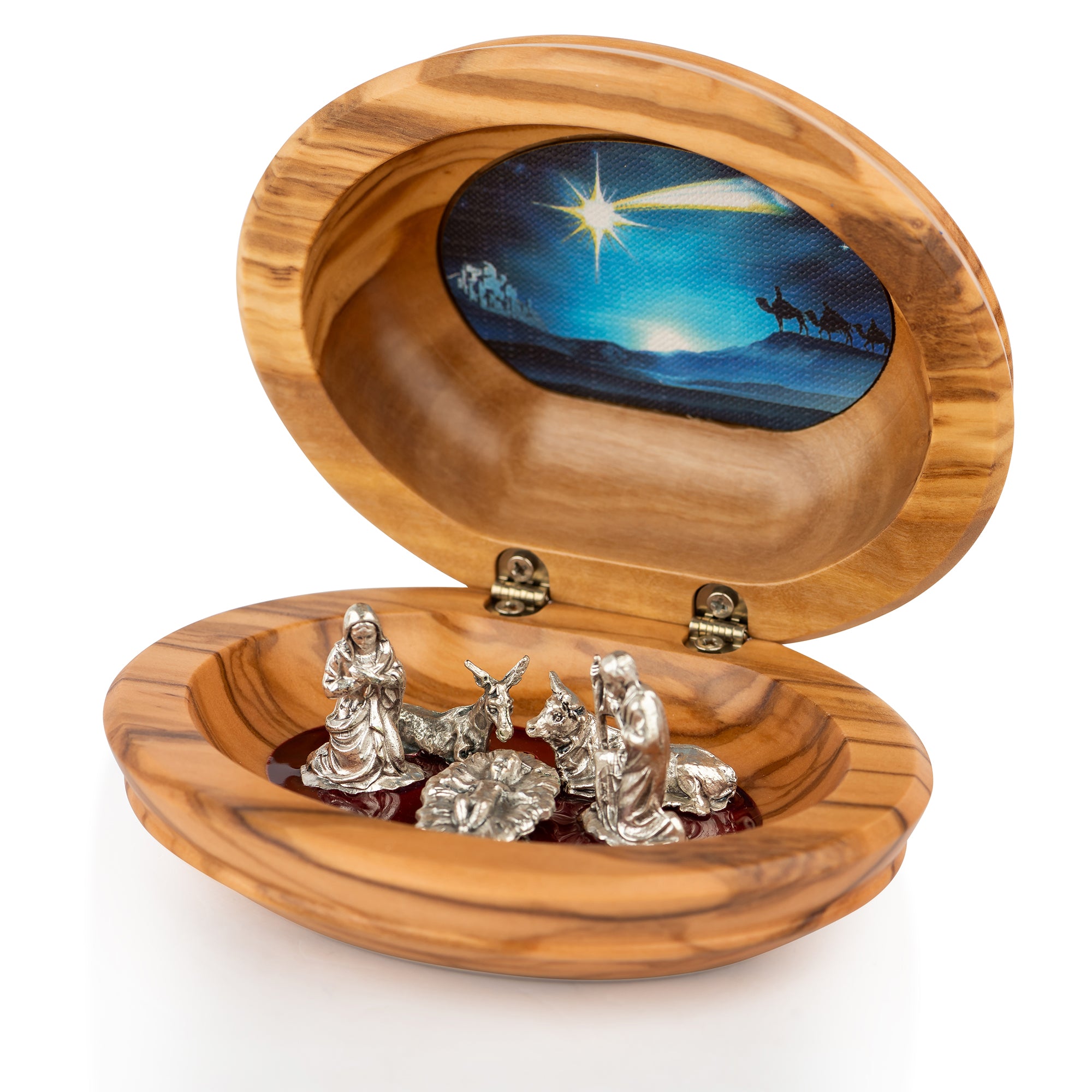 Handcrafted Olive Wood Nativity Keepsake Box – Silver Holy Family & Magi Star Scene from Bethlehem