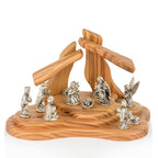 Handcrafted Olive Wood Nativity Scene with Silver Metal Figures – Holy Family & Magi Set from Bethlehem