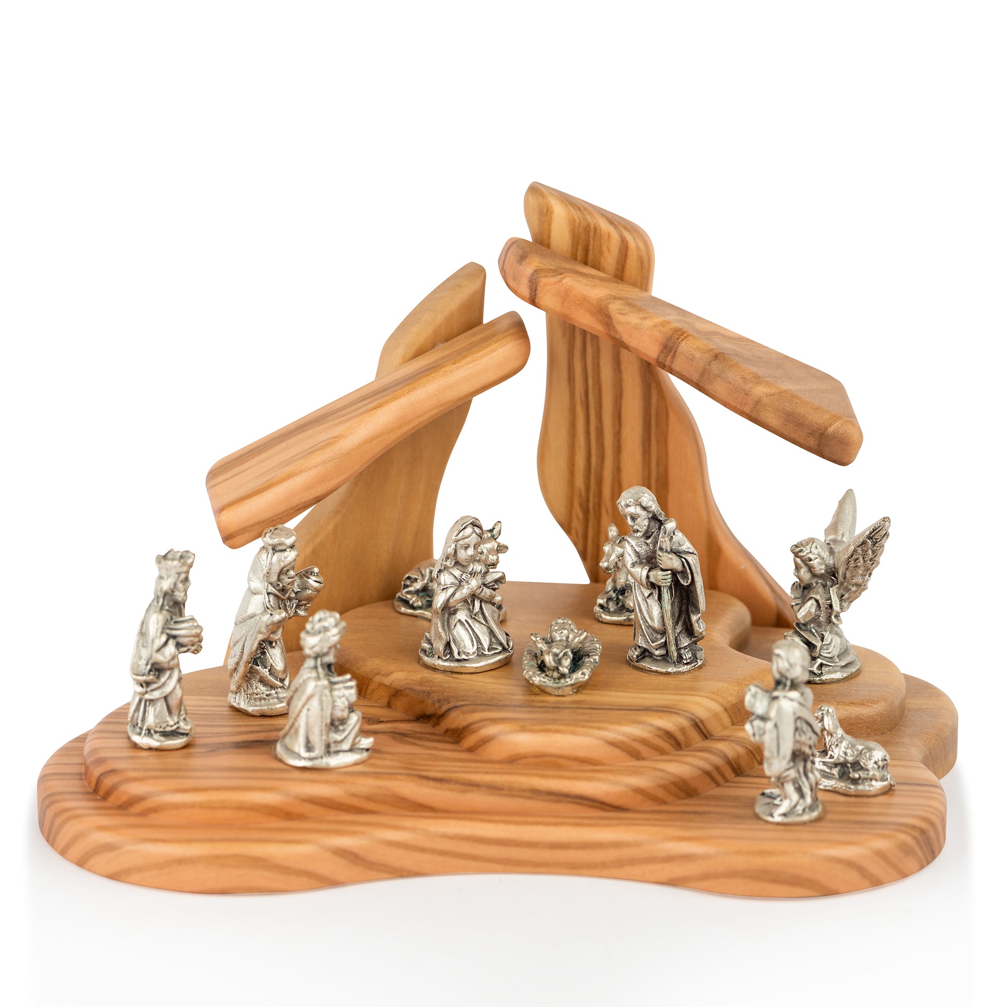 Handcrafted Olive Wood Nativity Scene with Silver Metal Figures – Holy Family & Magi Set from Bethlehem