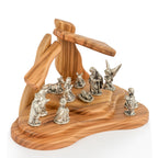 Handcrafted Olive Wood Nativity Scene with Silver Metal Figures – Holy Family & Magi Set from Bethlehem