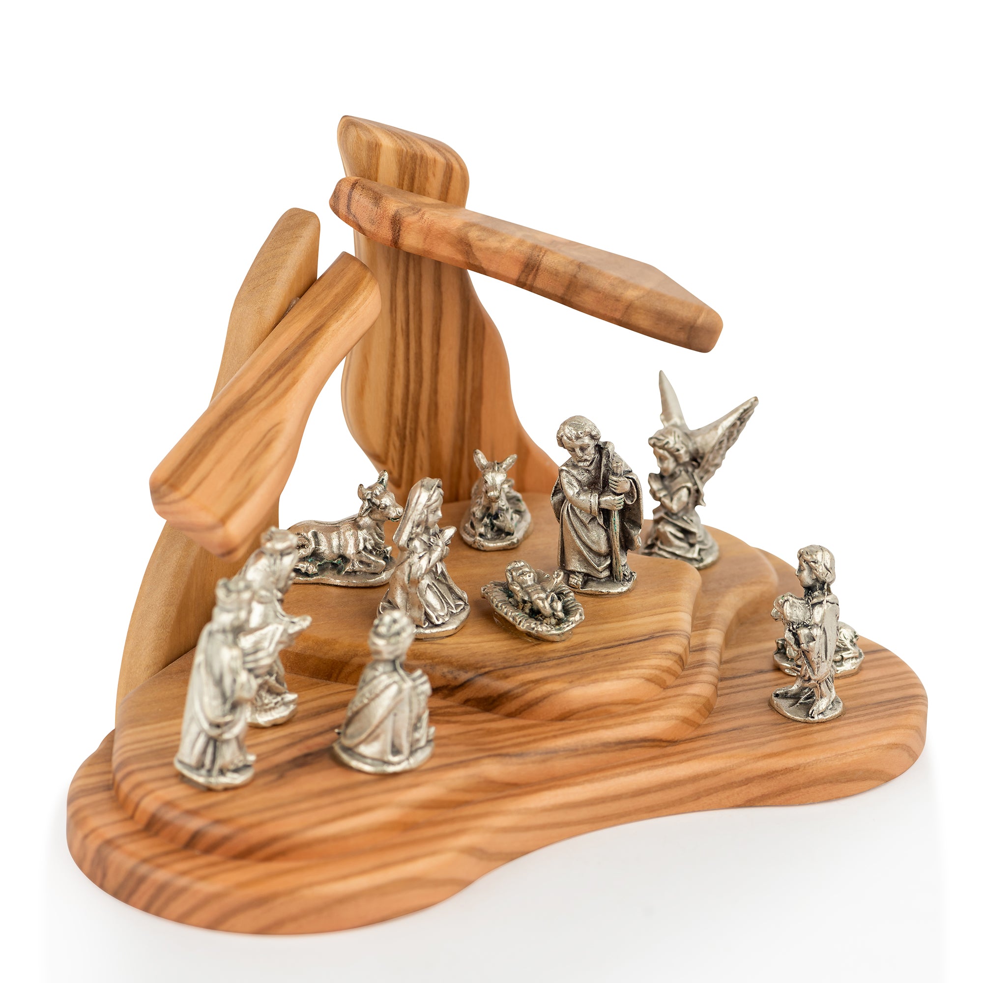 Handcrafted Olive Wood Nativity Scene with Silver Metal Figures – Holy Family & Magi Set from Bethlehem