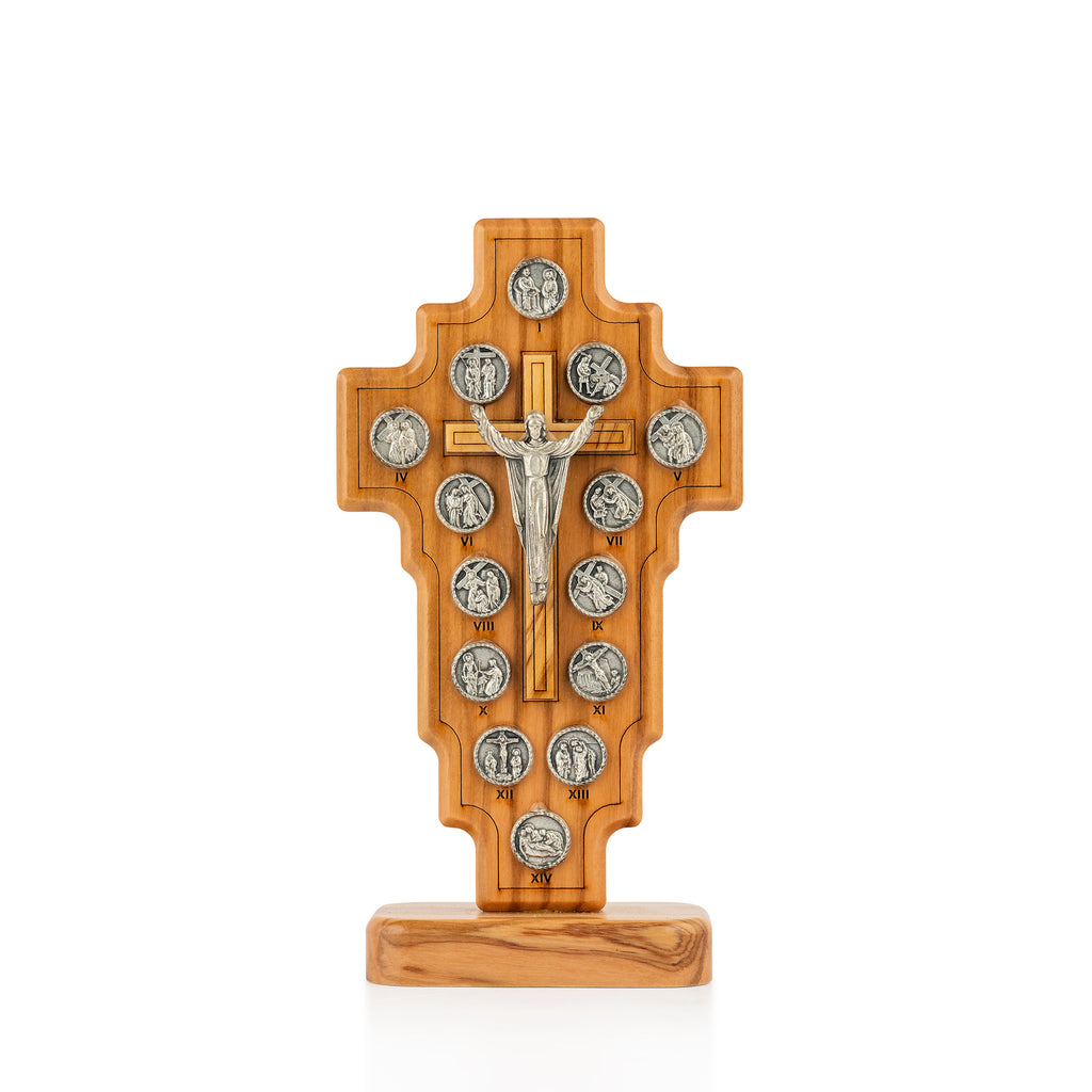 Handcrafted Olive Wood Stations of the Cross Crucifix – 14 Silver Medallions with Central Corpus from Bethlehem
