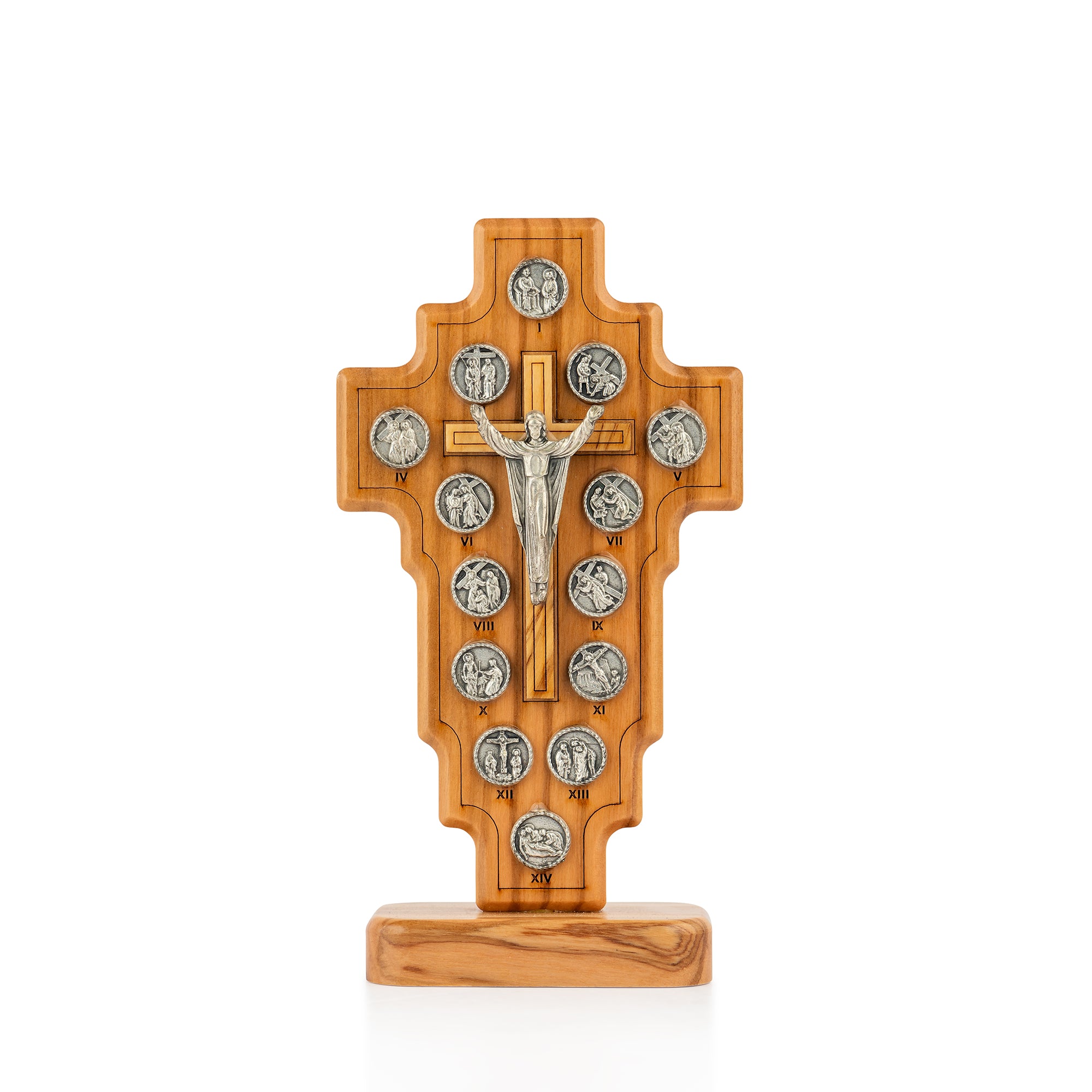 Handcrafted Olive Wood Stations of the Cross Crucifix – 14 Silver Medallions with Central Corpus from Bethlehem