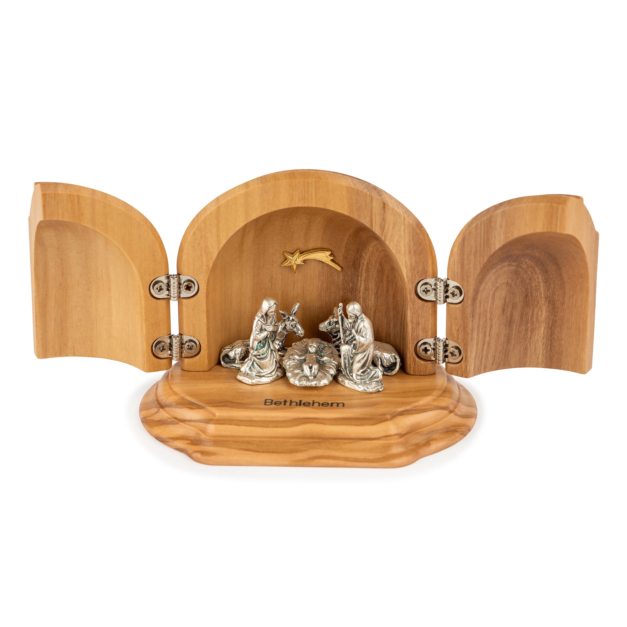 Handcrafted Olive Wood Folding Nativity Scene – Silver Holy Family Triptych from Bethlehem
