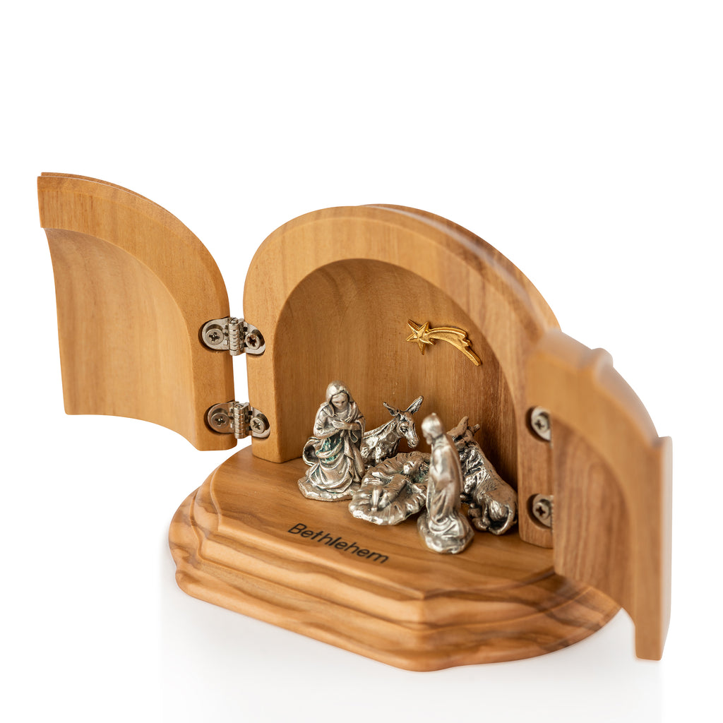 Handcrafted Olive Wood Folding Nativity Scene – Silver Holy Family Triptych from Bethlehem