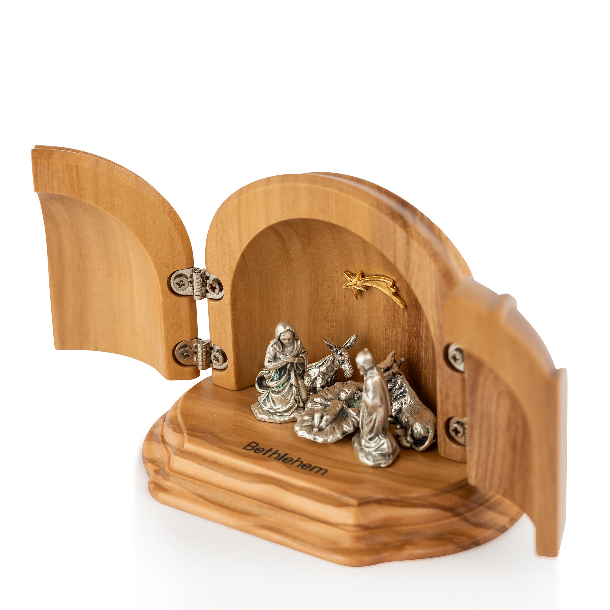 Handcrafted Olive Wood Folding Nativity Scene – Silver Holy Family Triptych from Bethlehem