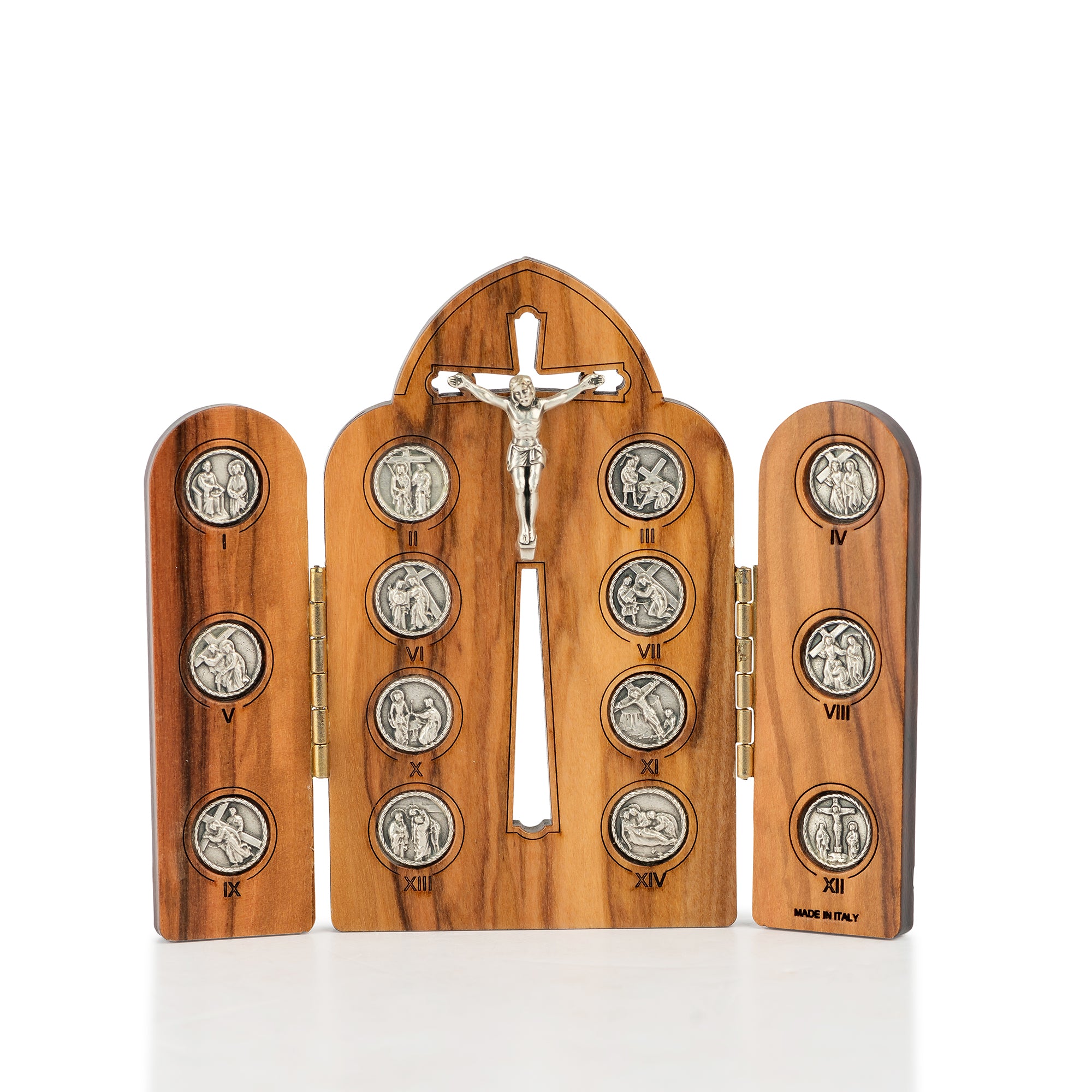 Handcrafted Olive Wood Stations of the Cross Crucifix – 14 Silver Medallions with Central Corpus from Bethlehem