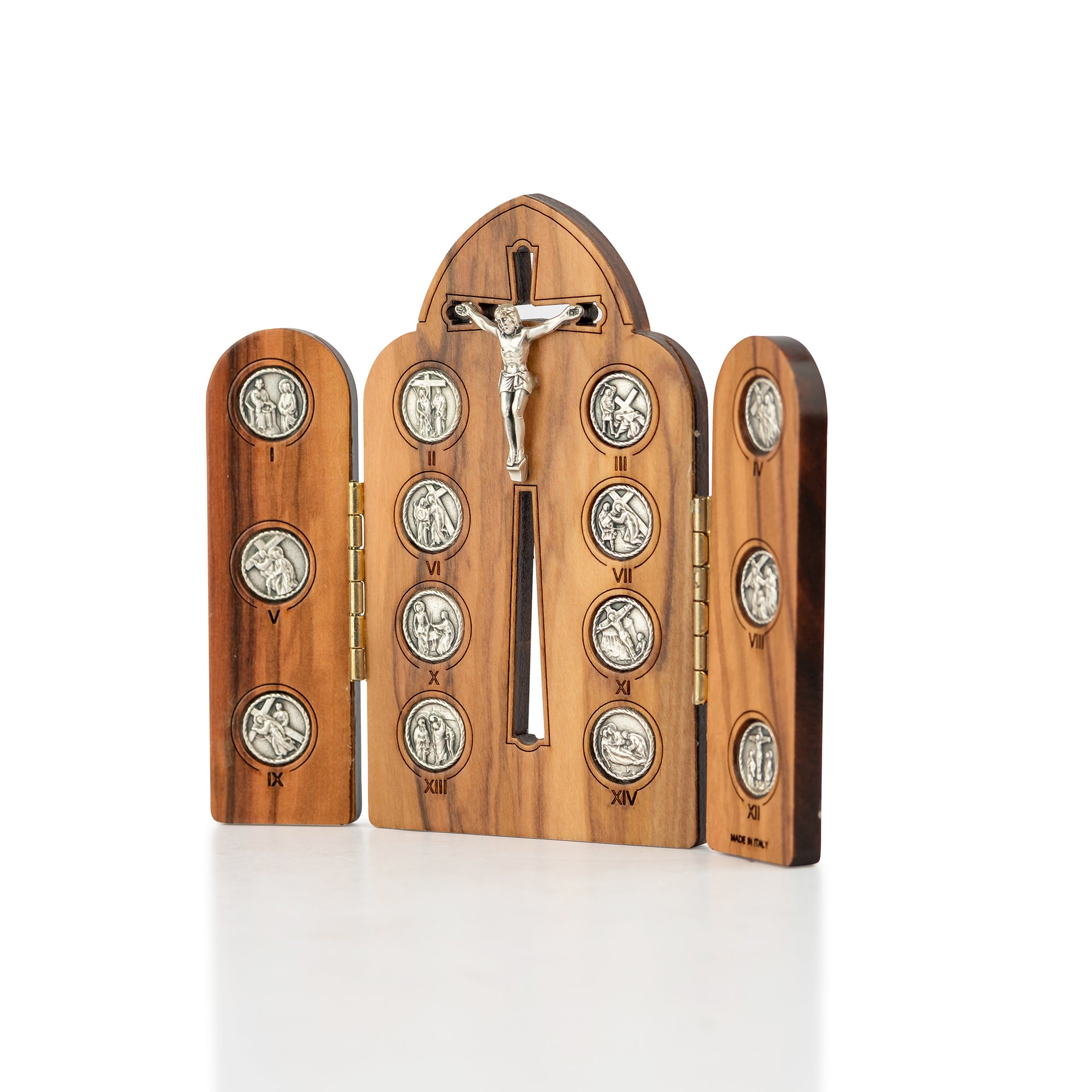 Handcrafted Olive Wood Stations of the Cross Crucifix – 14 Silver Medallions with Central Corpus from Bethlehem