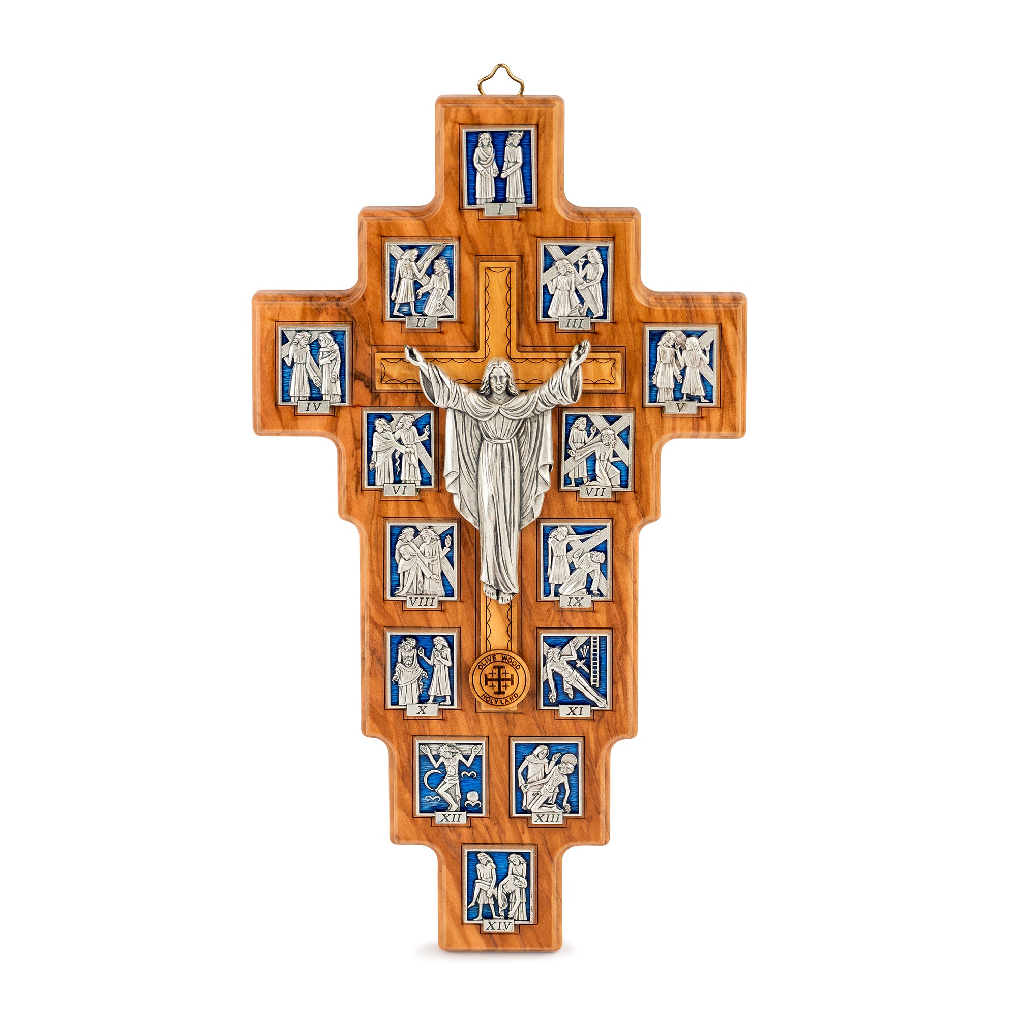 Handcrafted Olive Wood Stations of the Cross Crucifix – 14 Silver Medallions with Central Corpus from Bethlehem