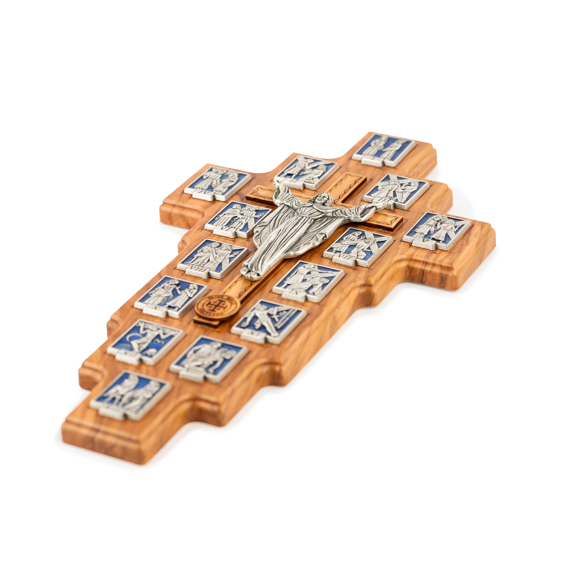 Handcrafted Olive Wood Stations of the Cross Crucifix – 14 Silver Medallions with Central Corpus from Bethlehem