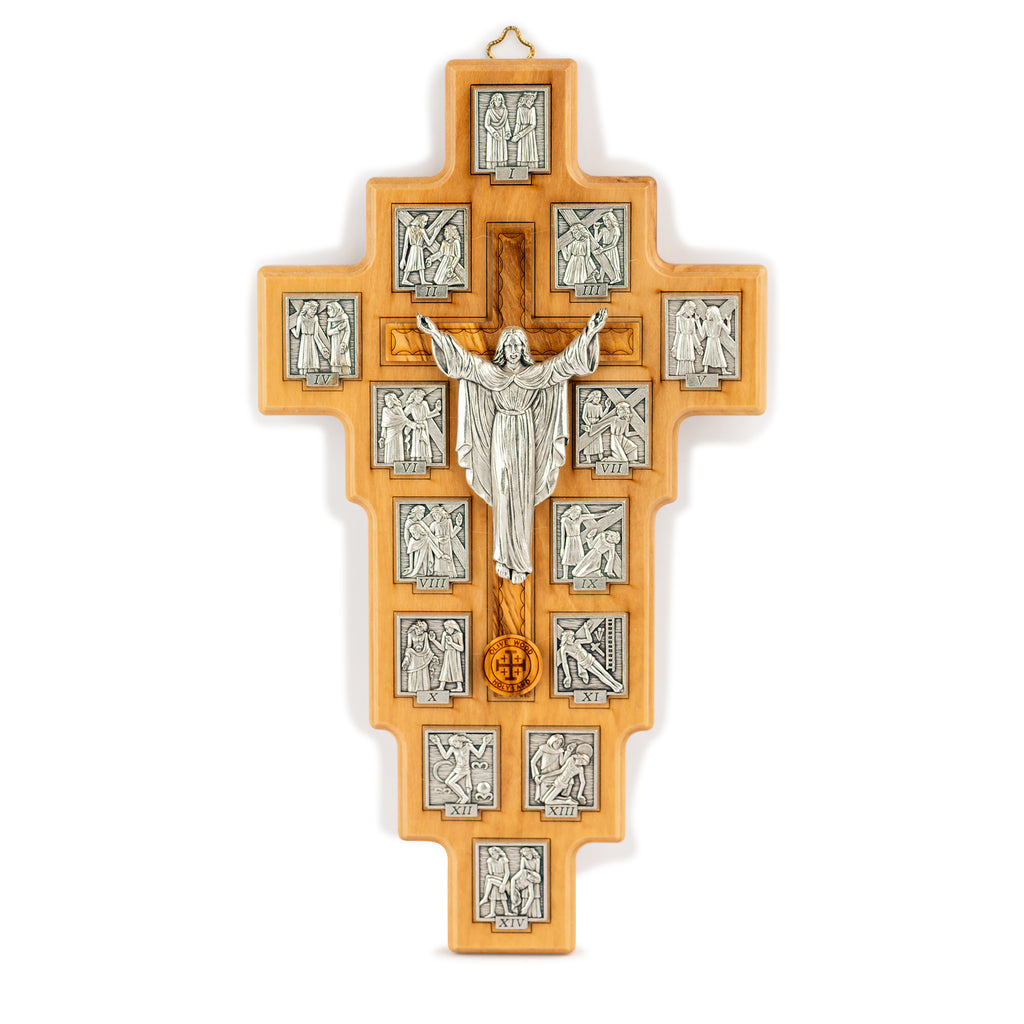 Handcrafted Olive Wood Stations of the Cross Crucifix – 14 Silver Medallions with Central Corpus from Bethlehem