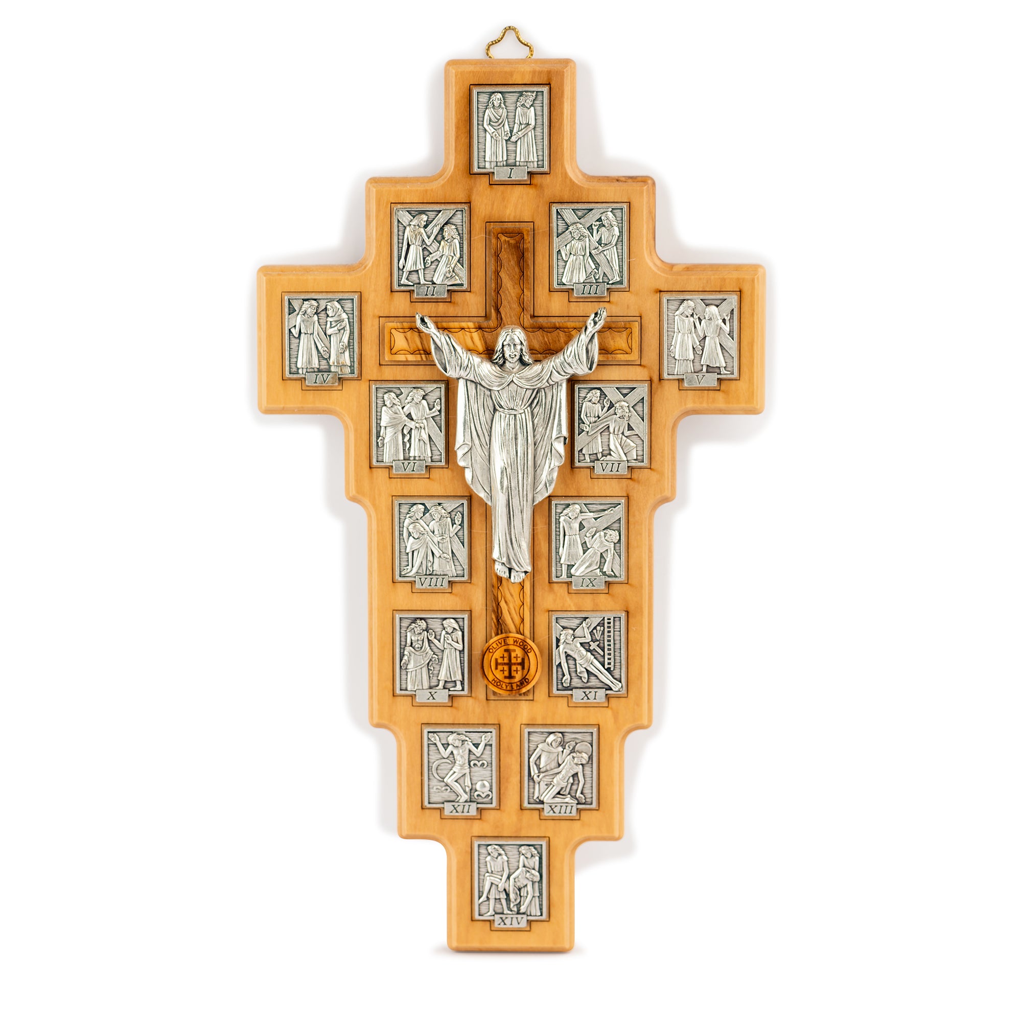 Handcrafted Olive Wood Stations of the Cross Crucifix – 14 Silver Medallions with Central Corpus from Bethlehem