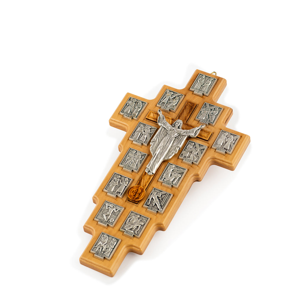Handcrafted Olive Wood Stations of the Cross Crucifix – 14 Silver Medallions with Central Corpus from Bethlehem