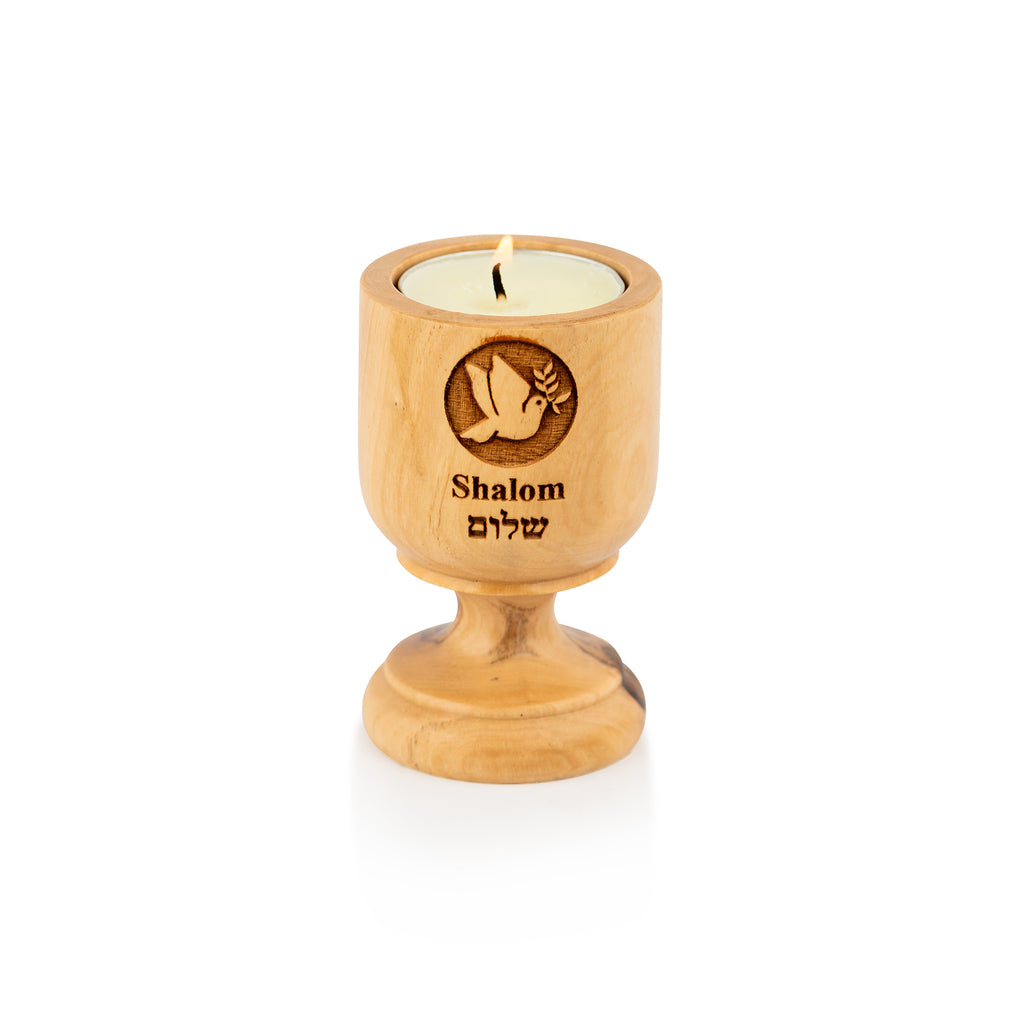 Handcrafted Olive Wood Shalom Candle Holder with Dove – Peace Tea Light Goblet from the Holy Land