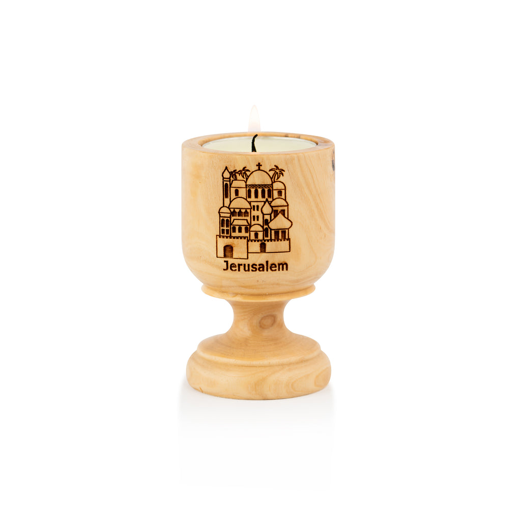 Handcrafted Olive Wood Shalom Candle Holder with Dove – Peace Tea Light Goblet from the Holy Land