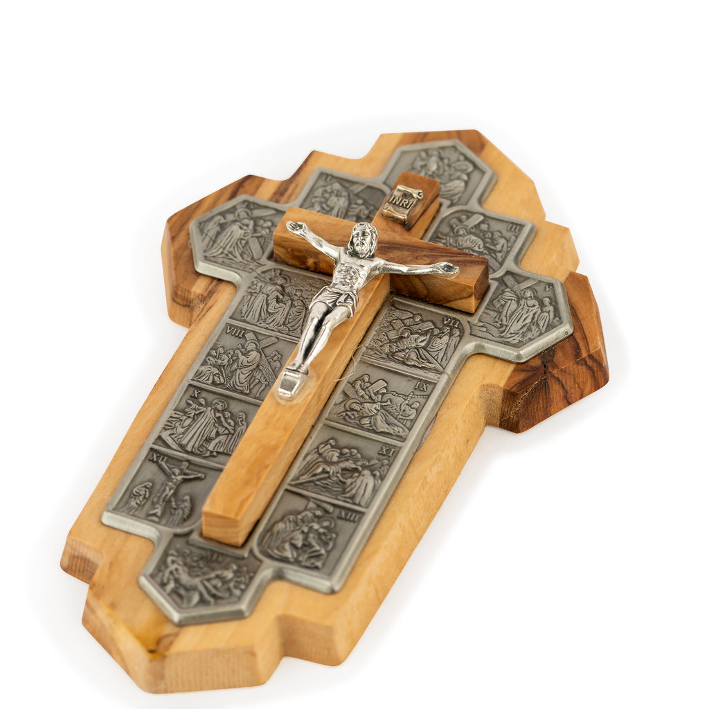 Handcrafted Olive Wood Stations of the Cross Crucifix – 14 Silver Medallions with Central Corpus from Bethlehem