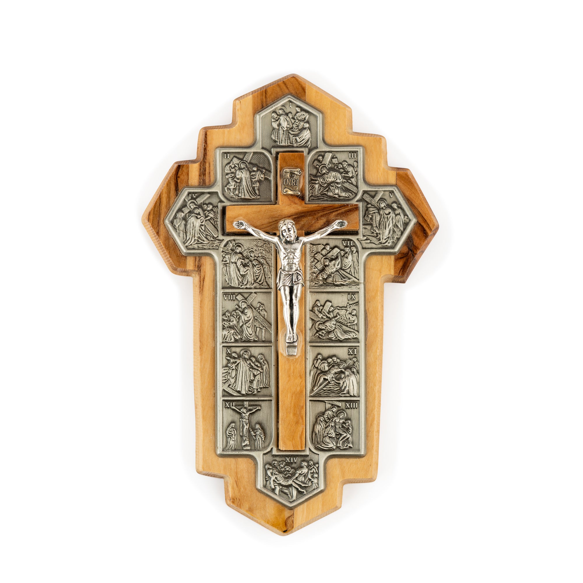 Handcrafted Olive Wood Stations of the Cross Crucifix – 14 Silver Medallions with Central Corpus from Bethlehem