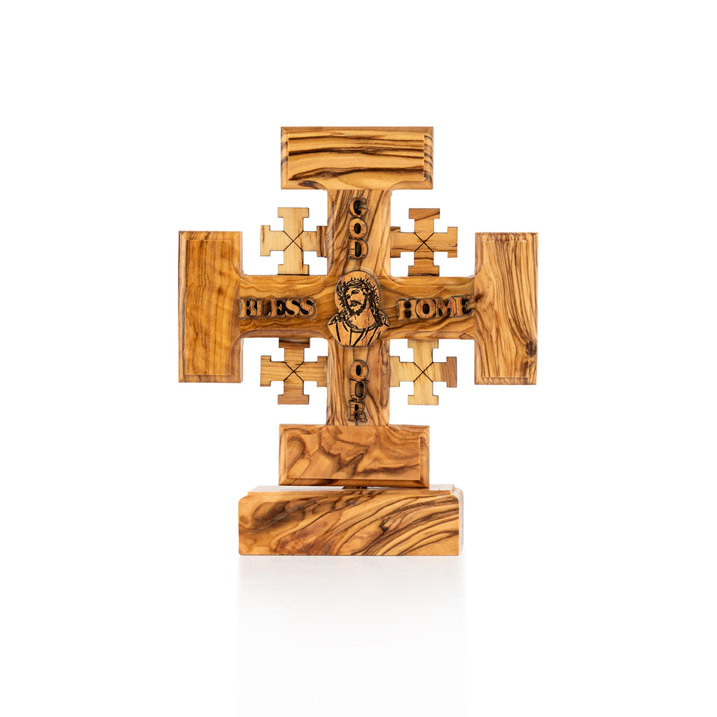 Olive Wood Jerusalem Cross With God Bless Our Home