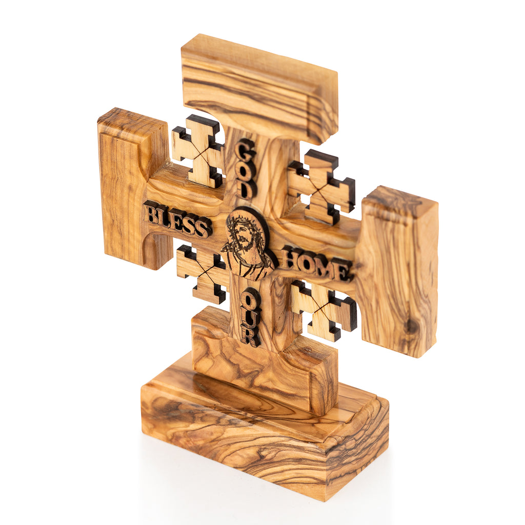 Olive Wood Jerusalem Cross With God Bless Our Home