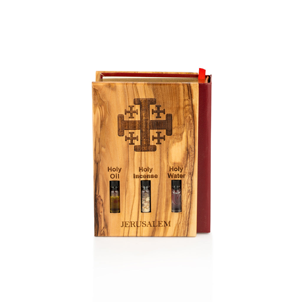 Handcrafted Olive Wood Bible Cover with Holy Oil, Incense & Water – Jerusalem Catholic Devotional Set
