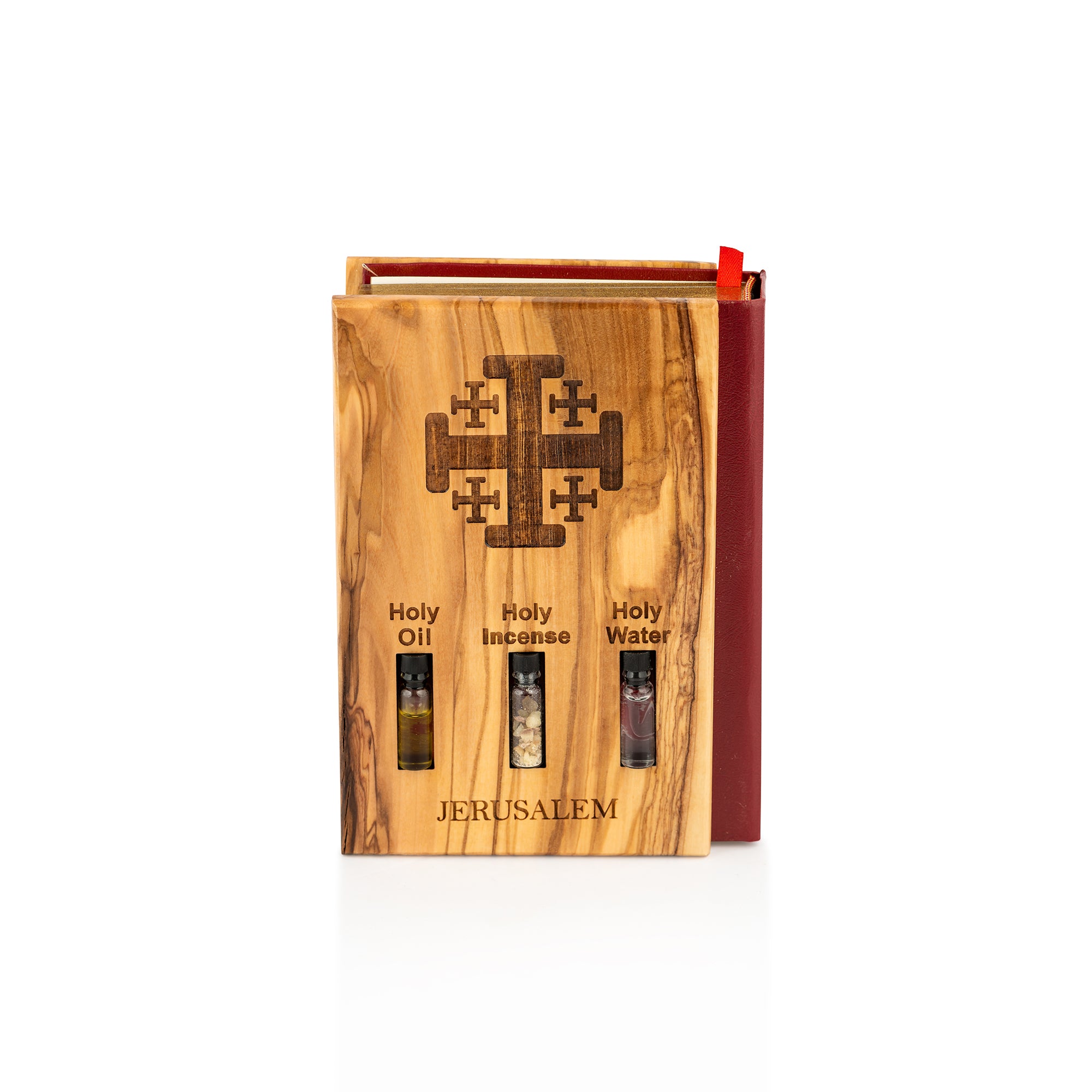 Handcrafted Olive Wood Bible Cover with Holy Oil, Incense & Water – Jerusalem Catholic Devotional Set