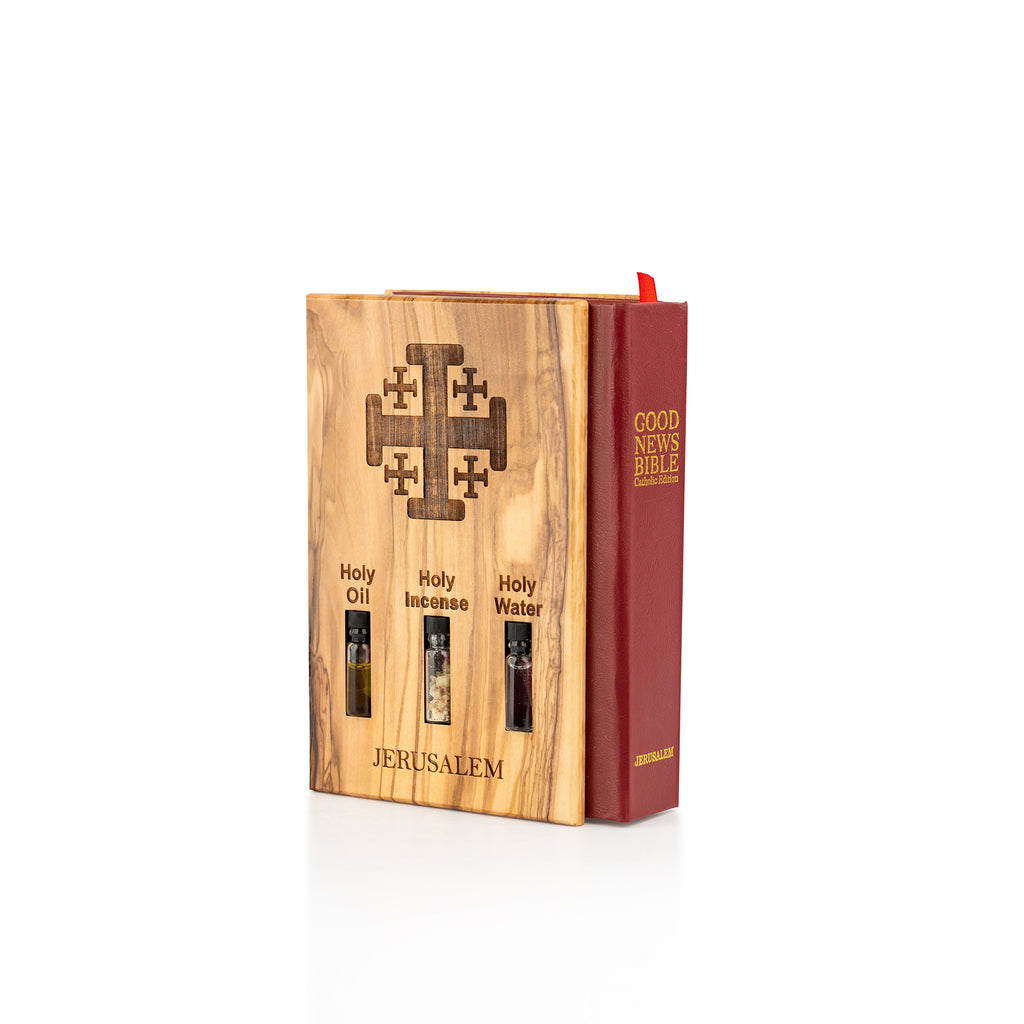 Handcrafted Olive Wood Bible Cover with Holy Oil, Incense & Water – Jerusalem Catholic Devotional Set