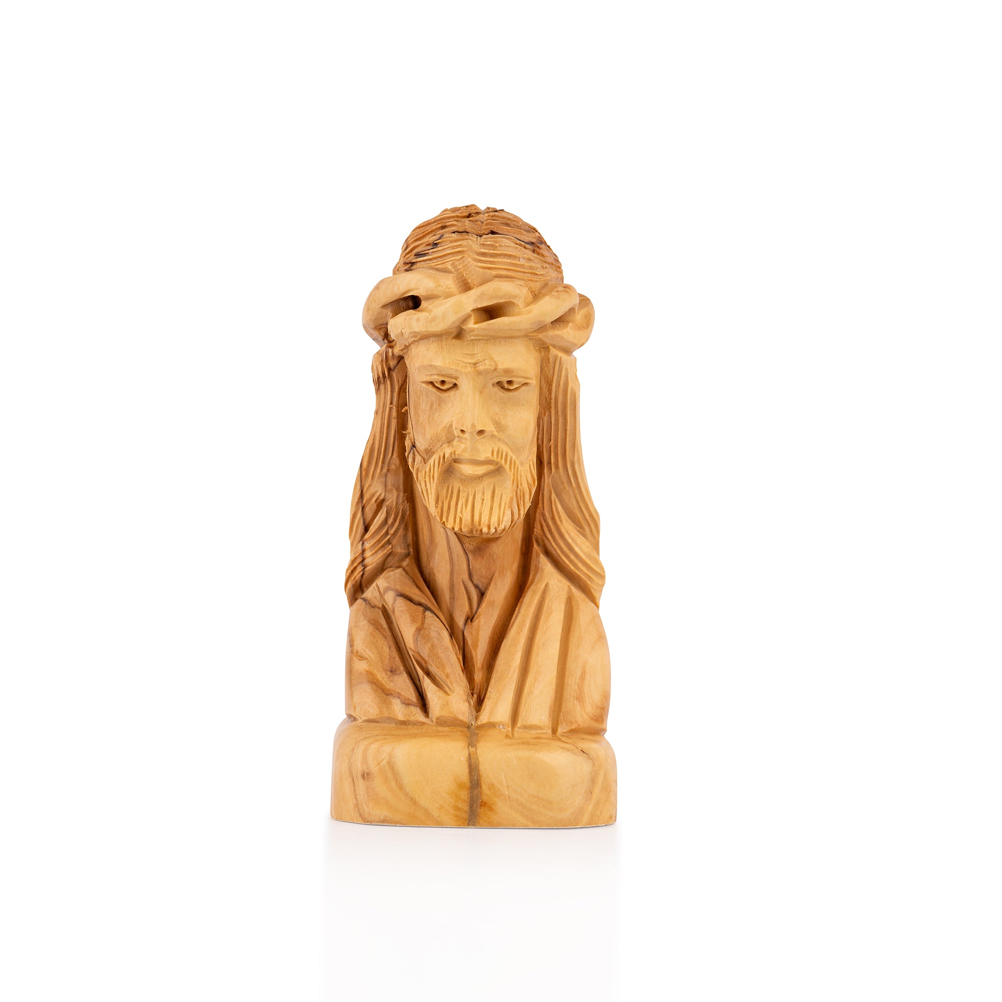 Handcrafted Olive Wood Bust of Jesus with Crown of Thorns – Sacred Christian Sculpture from Bethlehem