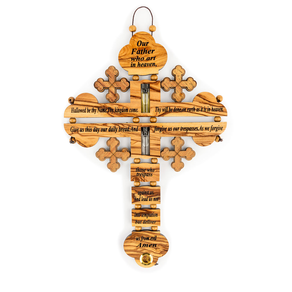 Handcrafted Olive Wood Lord’s Prayer Wall Cross with Holy Land Vials – Hanging Christian Devotional from Bethlehem