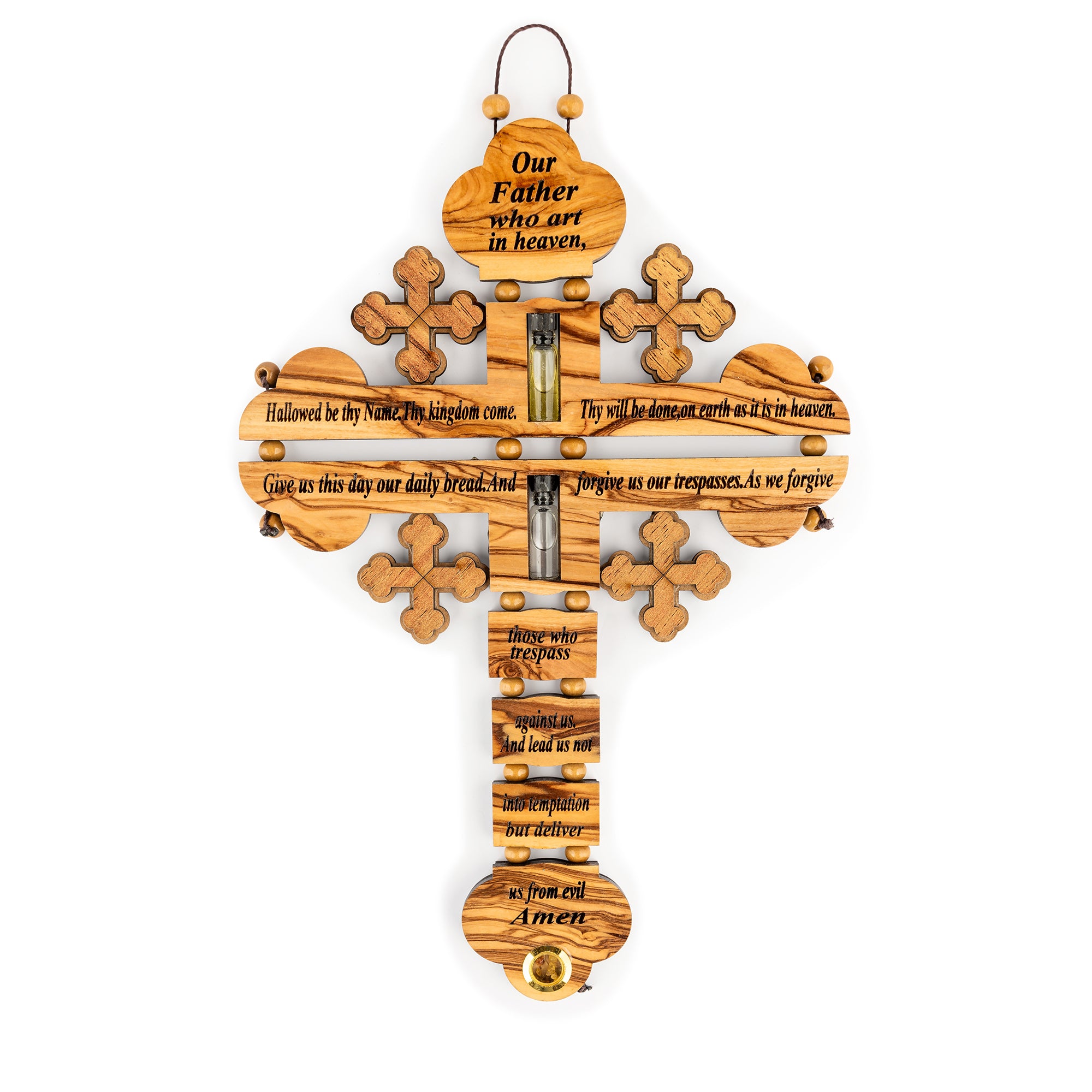 Handcrafted Olive Wood Lord’s Prayer Wall Cross with Holy Land Vials – Hanging Christian Devotional from Bethlehem