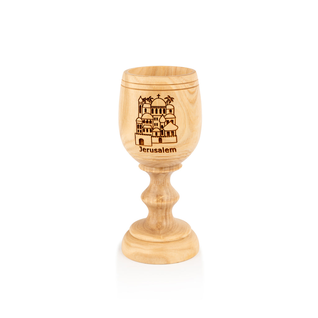 Handcrafted Olive Wood Jerusalem Goblet – Engraved Holy City Chalice from Bethlehem