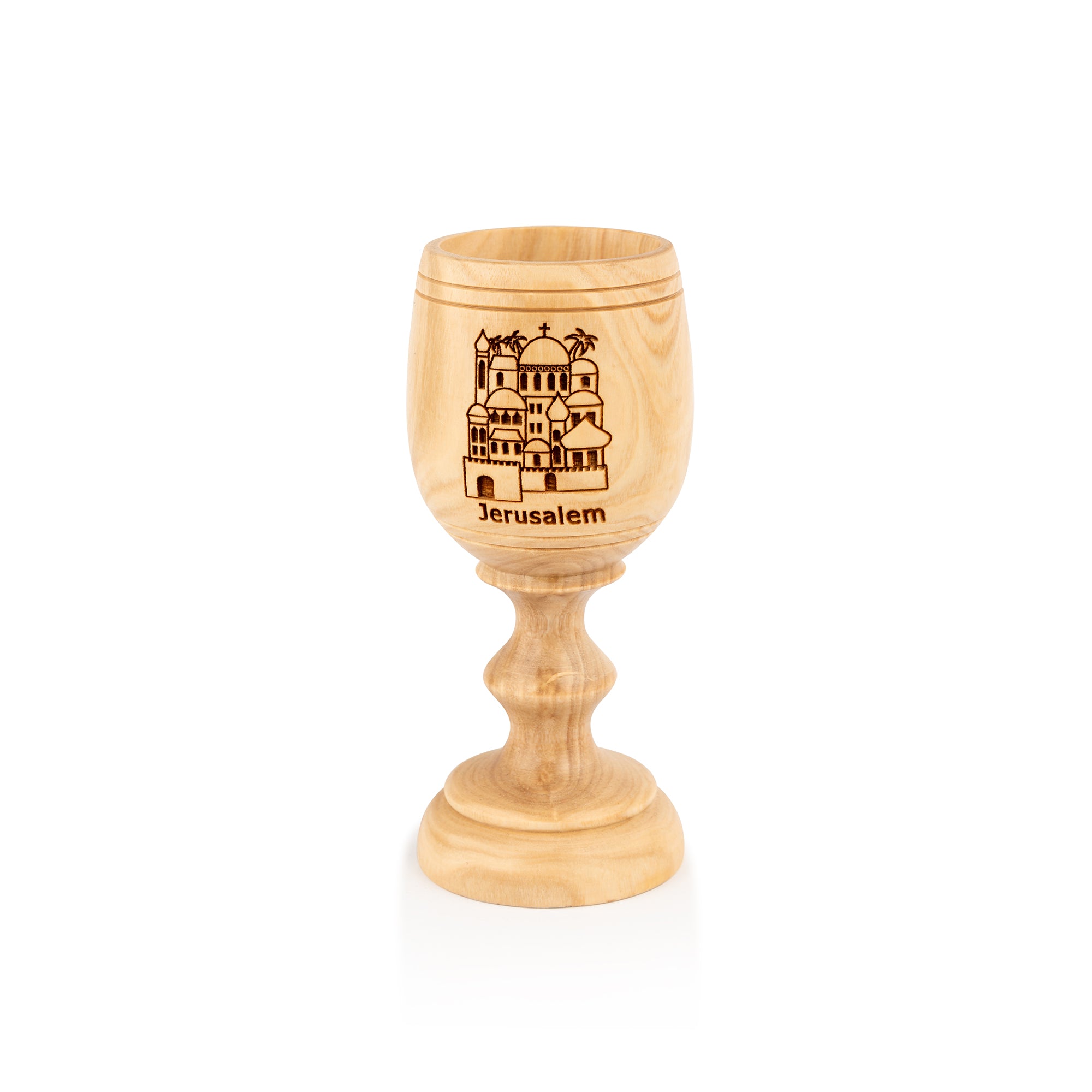 Handcrafted Olive Wood Jerusalem Goblet – Engraved Holy City Chalice from Bethlehem