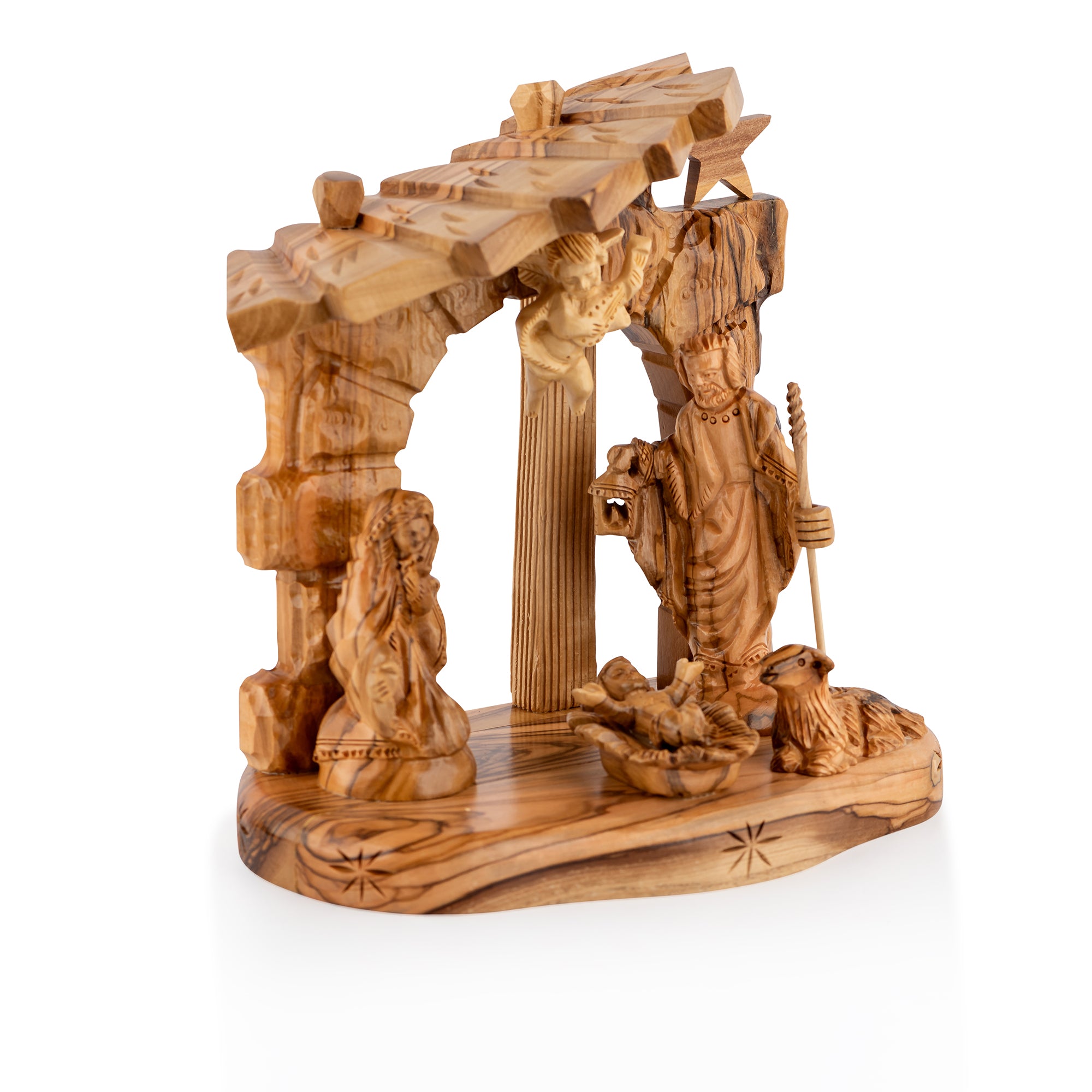 Handcrafted Olive Wood Nativity Scene – Holy Family in the Manger Christian Sculpture from the Holy Land