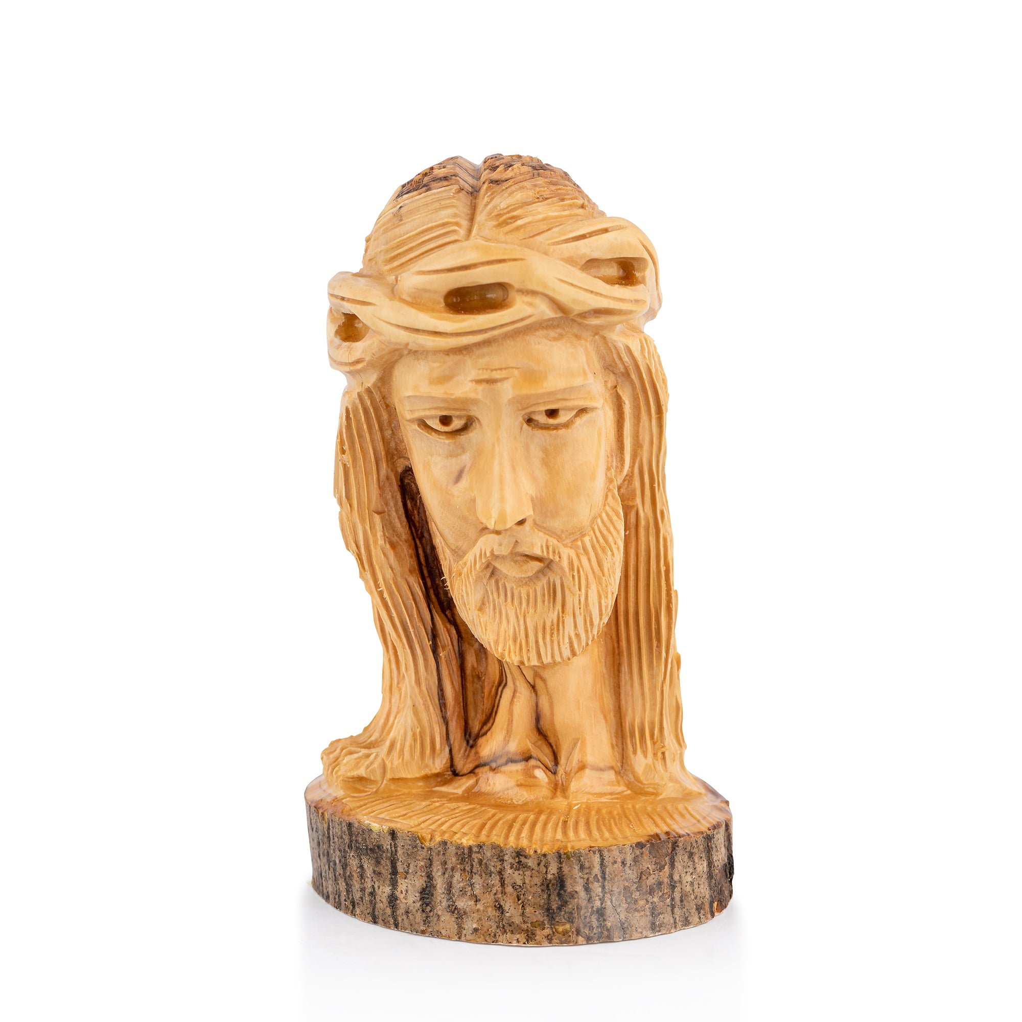 Handcrafted Olive Wood Bust of Jesus with Crown of Thorns – Sacred Christian Sculpture from Bethlehem