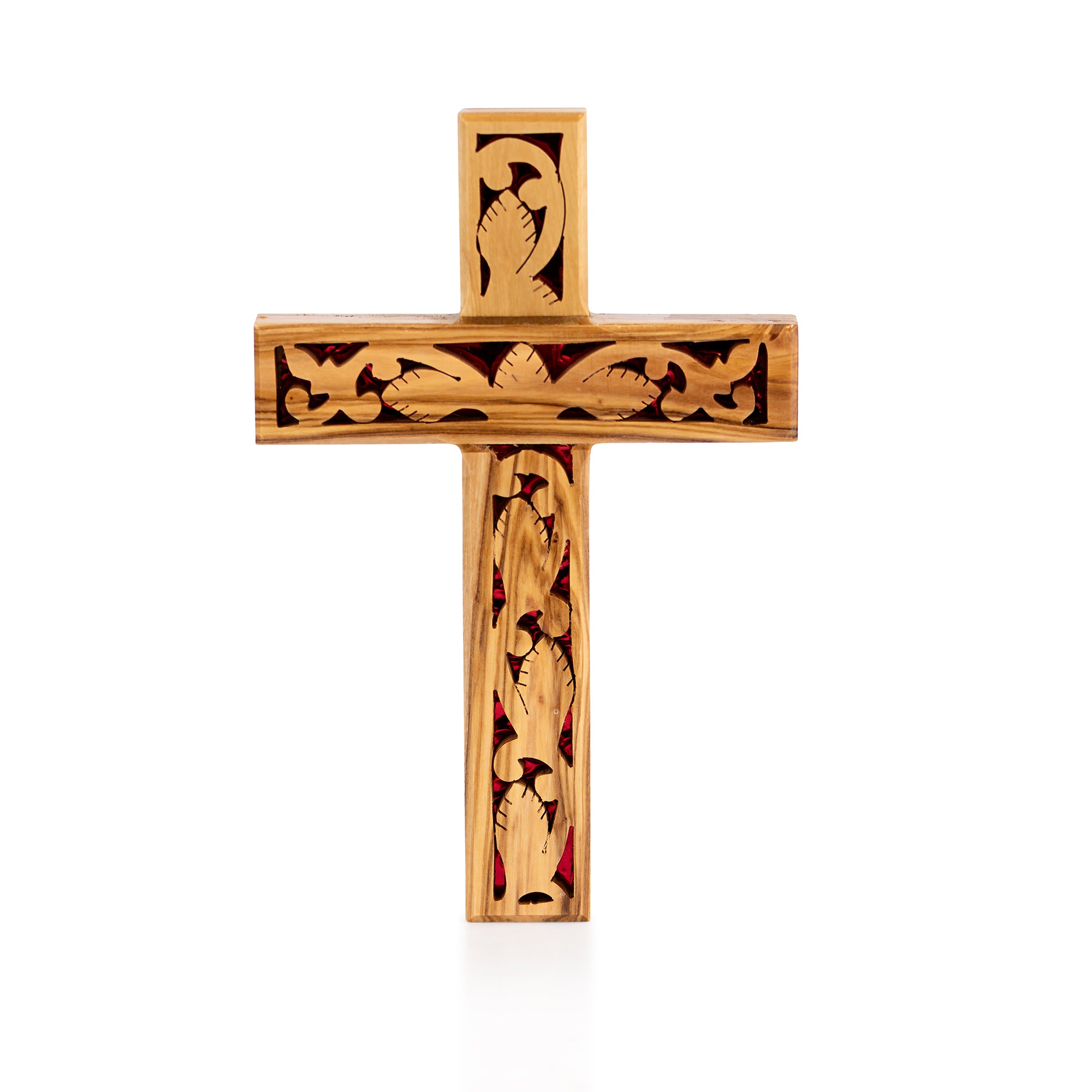 Handcrafted Olive Wood Ornate Carved Cross – Intricate Leaf & Floral Design from Bethlehem