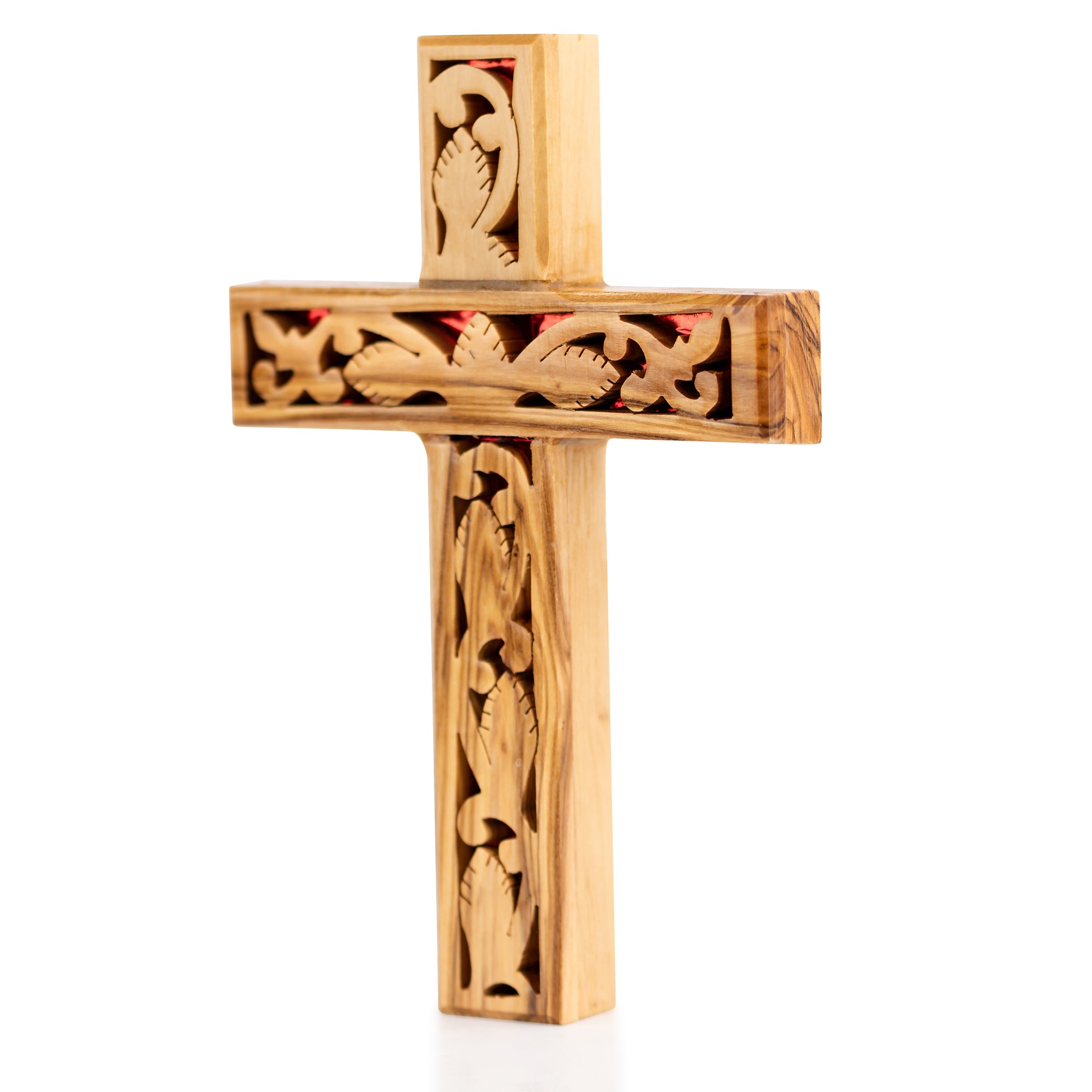 Handcrafted Olive Wood Ornate Carved Cross – Intricate Leaf & Floral Design from Bethlehem