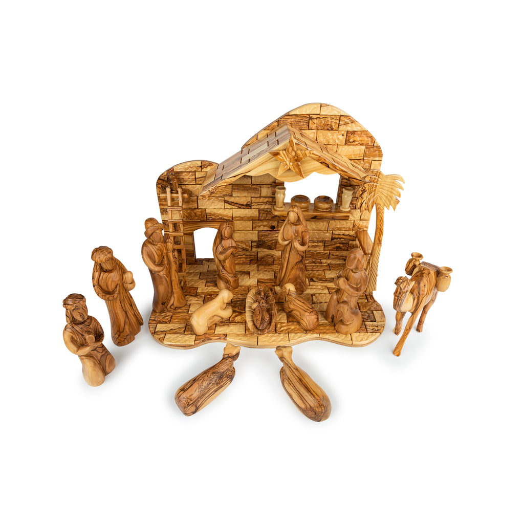 Large Olive Wood Nativity Scene with Stable | Hand Carved Holy Family & Full Set | Holy Land Christian Gift