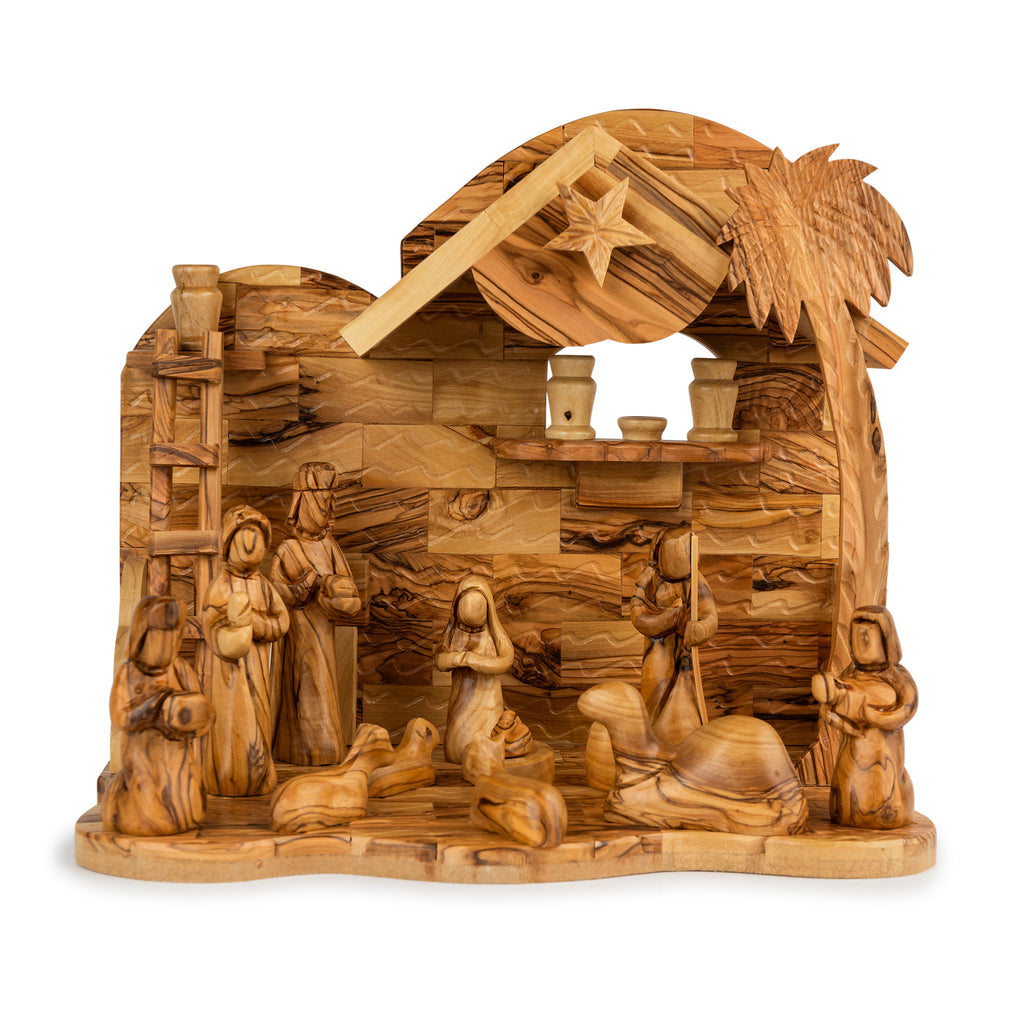 Olive Wood Nativity Stable with Palm Tree & Star | Hand Carved Bethlehem Manger | Holy Land Christian Gift