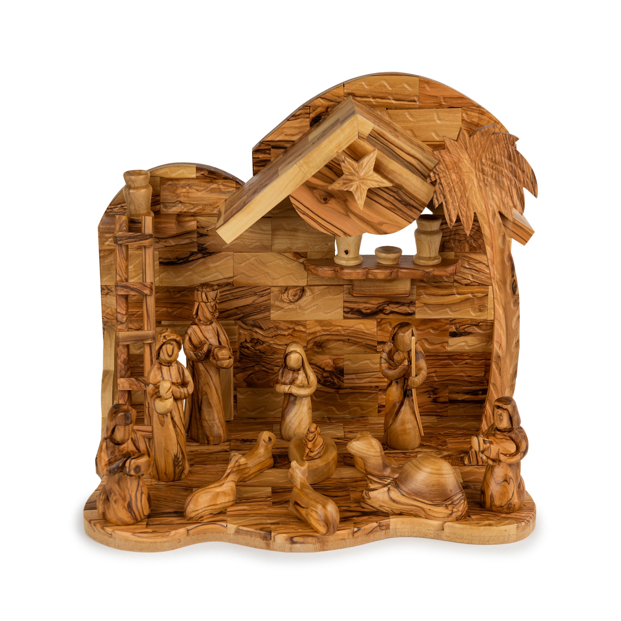 Olive Wood Nativity Stable with Palm Tree & Star | Hand Carved Bethlehem Manger | Holy Land Christian Gift