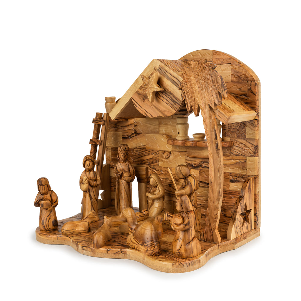 Olive Wood Nativity Stable with Palm Tree & Star | Hand Carved Bethlehem Manger | Holy Land Christian Gift