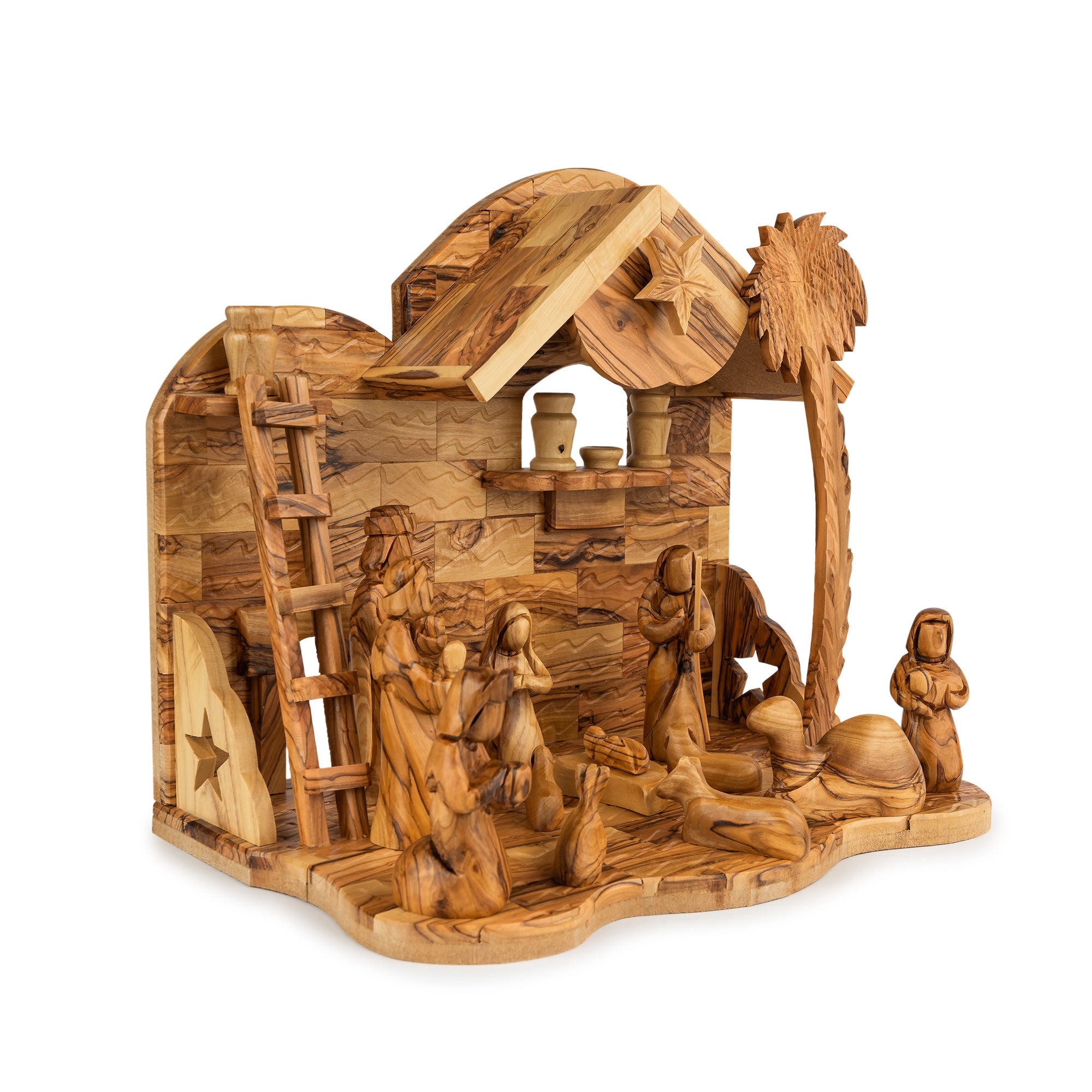 Olive Wood Nativity Stable with Palm Tree & Star | Hand Carved Bethlehem Manger | Holy Land Christian Gift