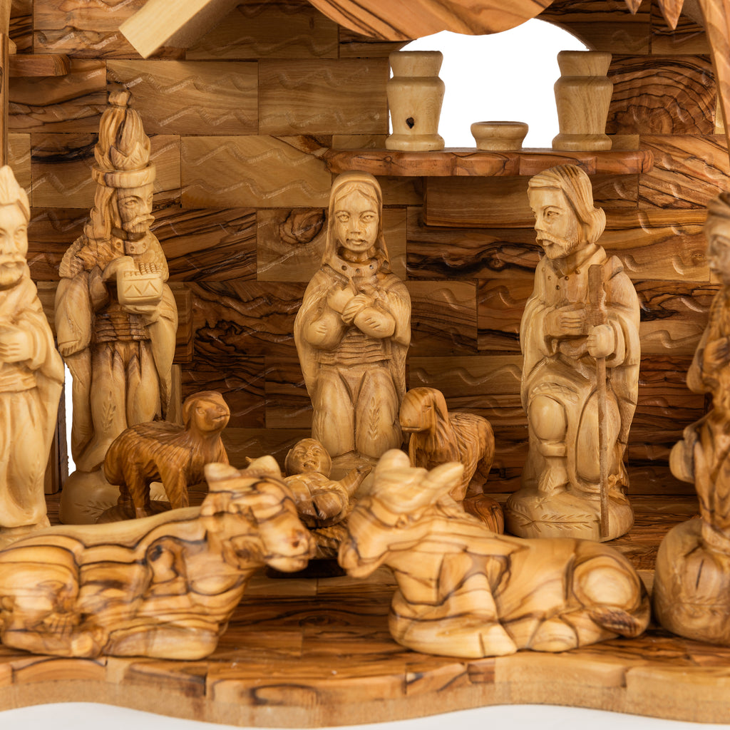 Deluxe Olive Wood Nativity Scene with Stable & Figures | Hand Carved Holy Family & Magi | Holy Land Christian Gift