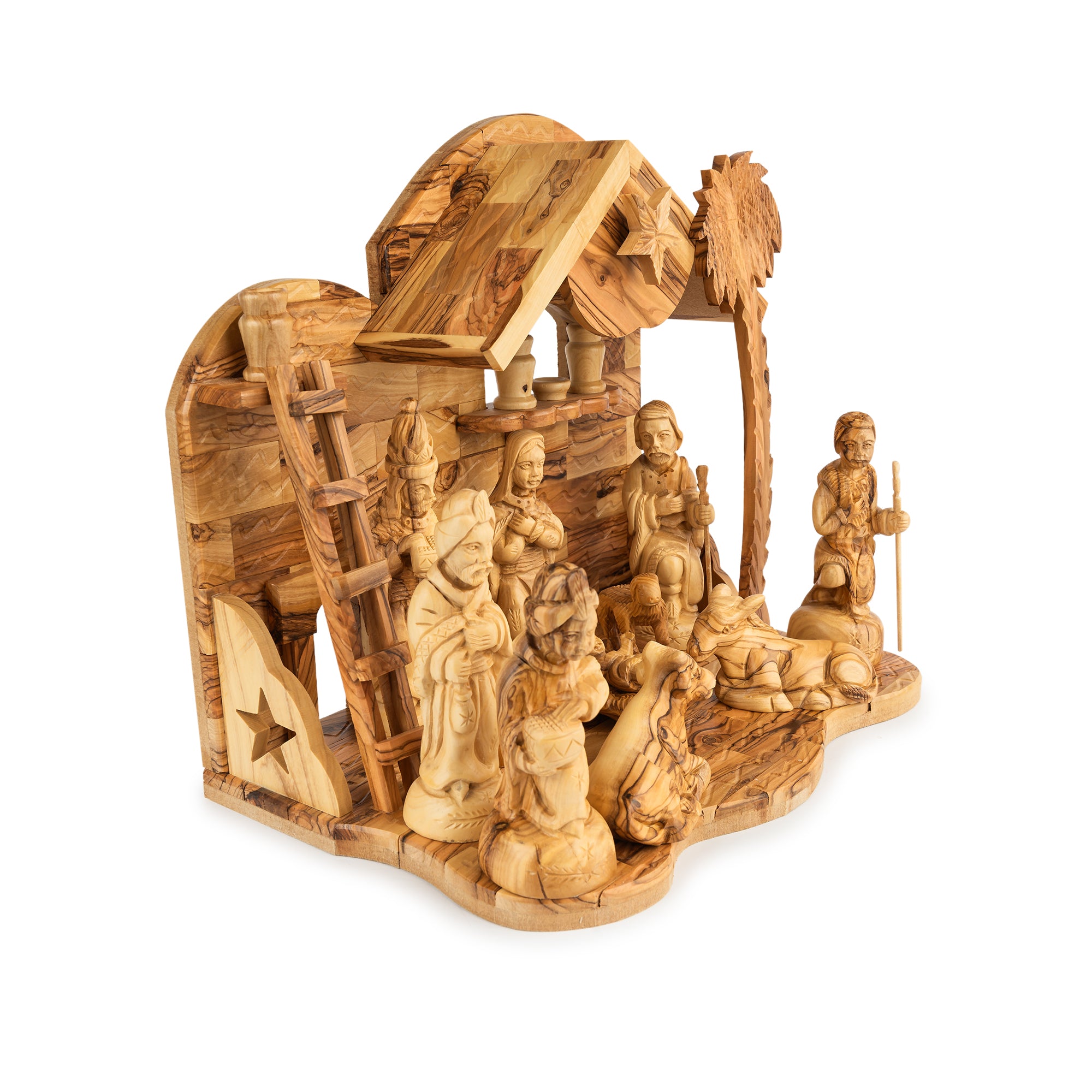Deluxe Olive Wood Nativity Scene with Stable & Figures | Hand Carved Holy Family & Magi | Holy Land Christian Gift