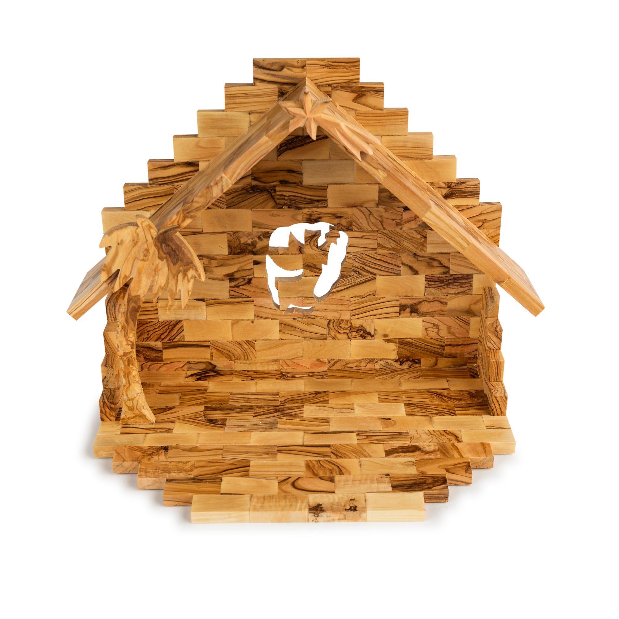 Olive Wood Nativity Scene with Stepped Stable | Hand Carved Holy Family & Shepherds | Holy Land Christian Gift