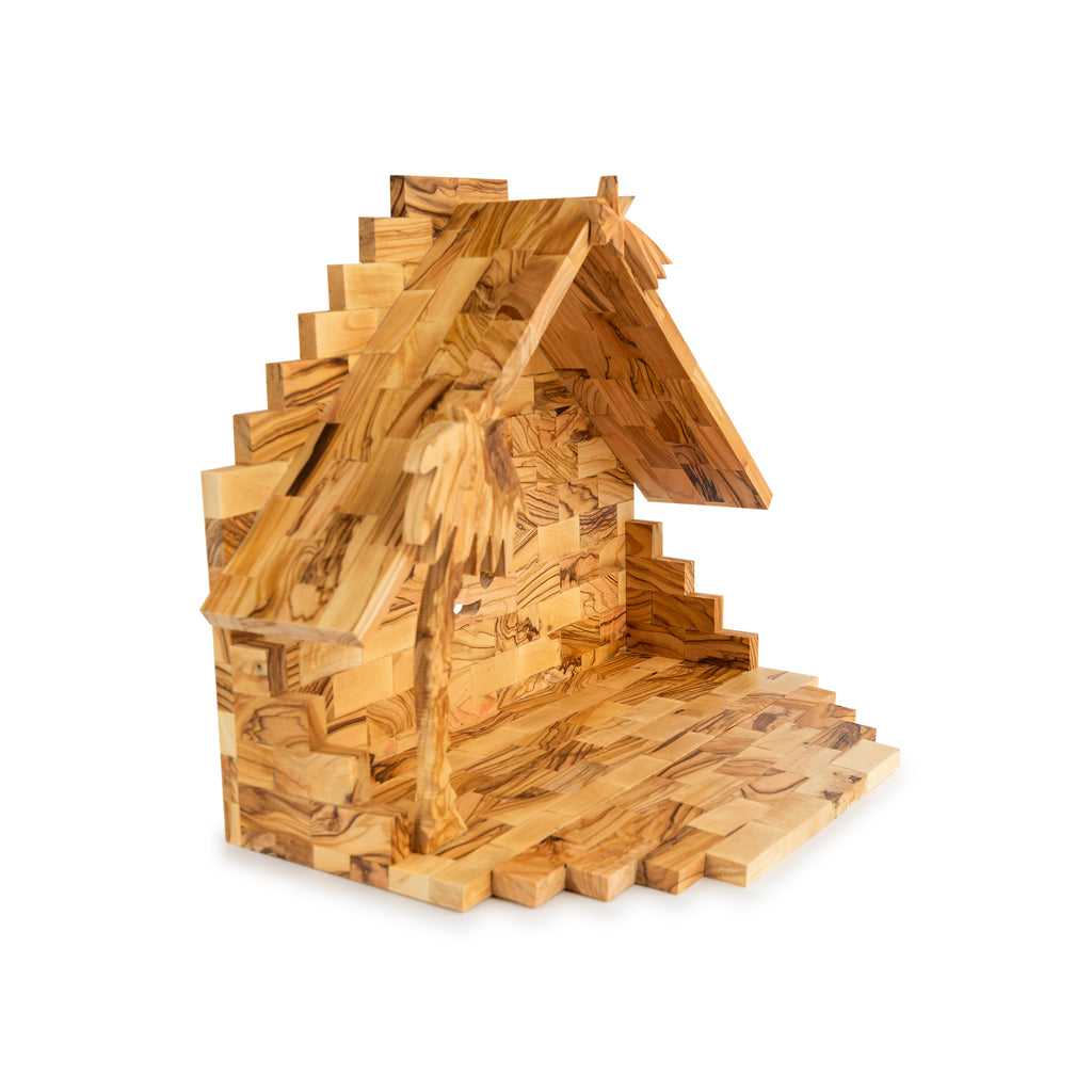 Olive Wood Nativity Scene with Stepped Stable | Hand Carved Holy Family & Shepherds | Holy Land Christian Gift