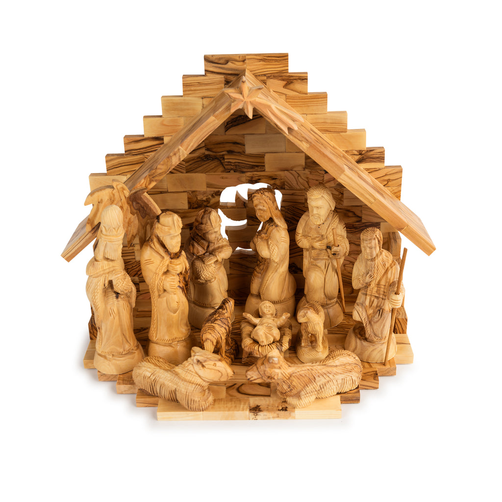 Olive Wood Nativity Scene with Stepped Stable | Hand Carved Holy Family & Shepherds | Holy Land Christian Gift