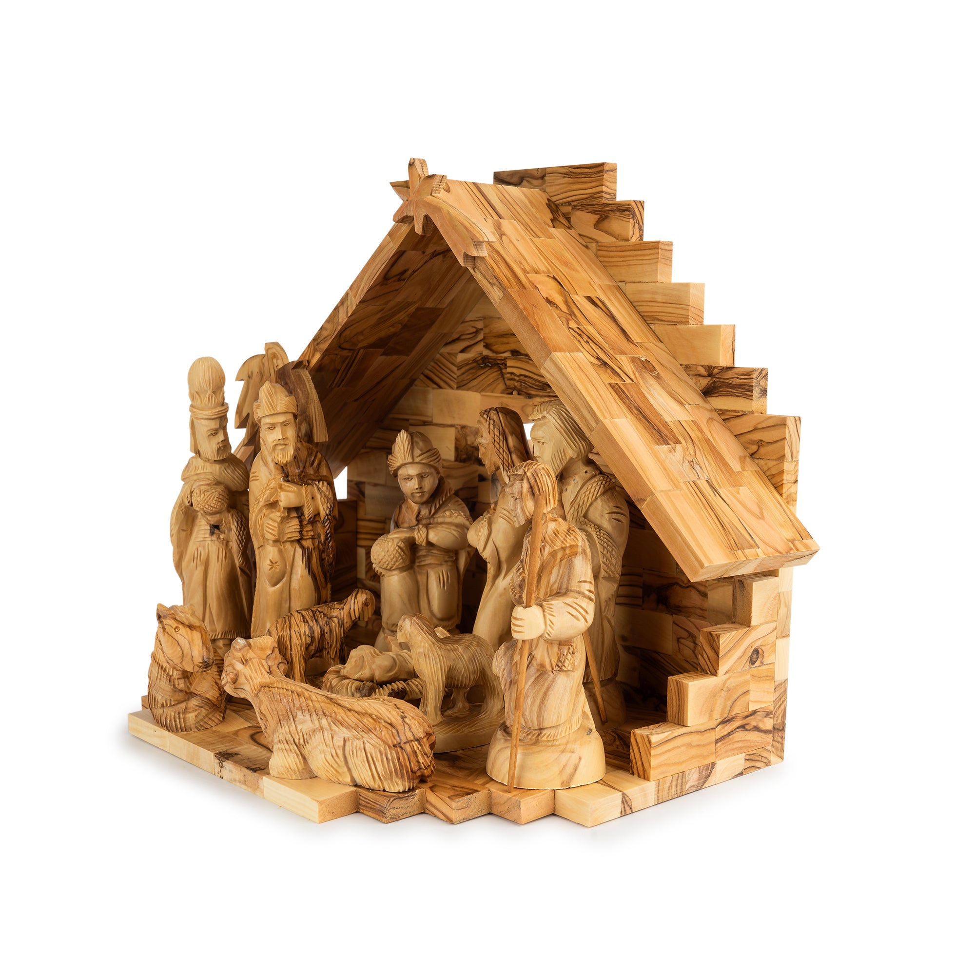 Olive Wood Nativity Scene with Stepped Stable | Hand Carved Holy Family & Shepherds | Holy Land Christian Gift
