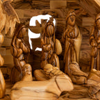 Olive Wood Nativity Scene with Stepped Stable & Palm Tree | Hand Carved Holy Family & Shepherds | Holy Land Christian Gift