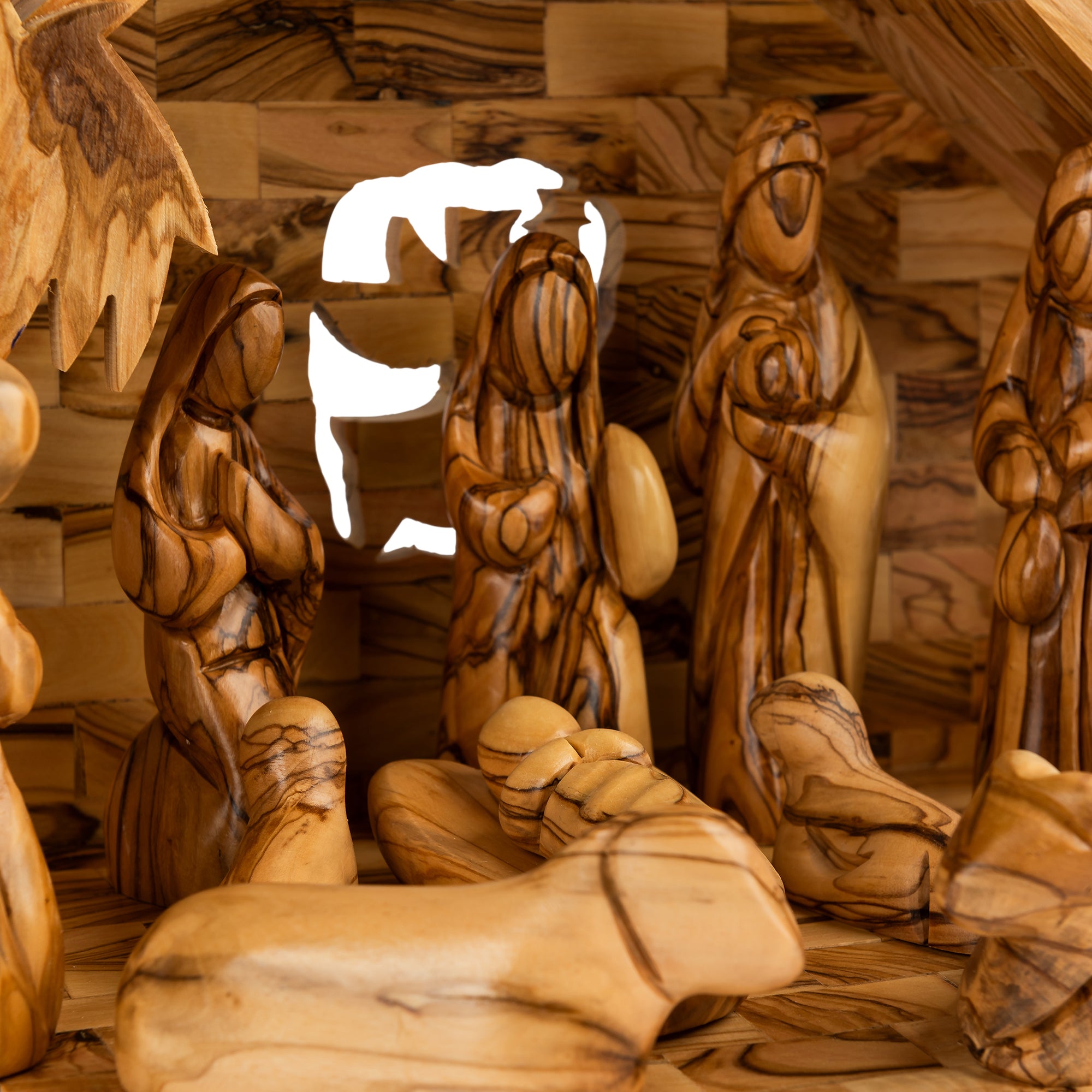 Olive Wood Nativity Scene with Stepped Stable & Palm Tree | Hand Carved Holy Family & Shepherds | Holy Land Christian Gift