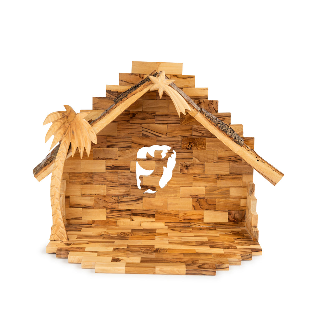 Olive Wood Nativity Scene with Stepped Stable & Palm Tree | Hand Carved Holy Family & Shepherds | Holy Land Christian Gift